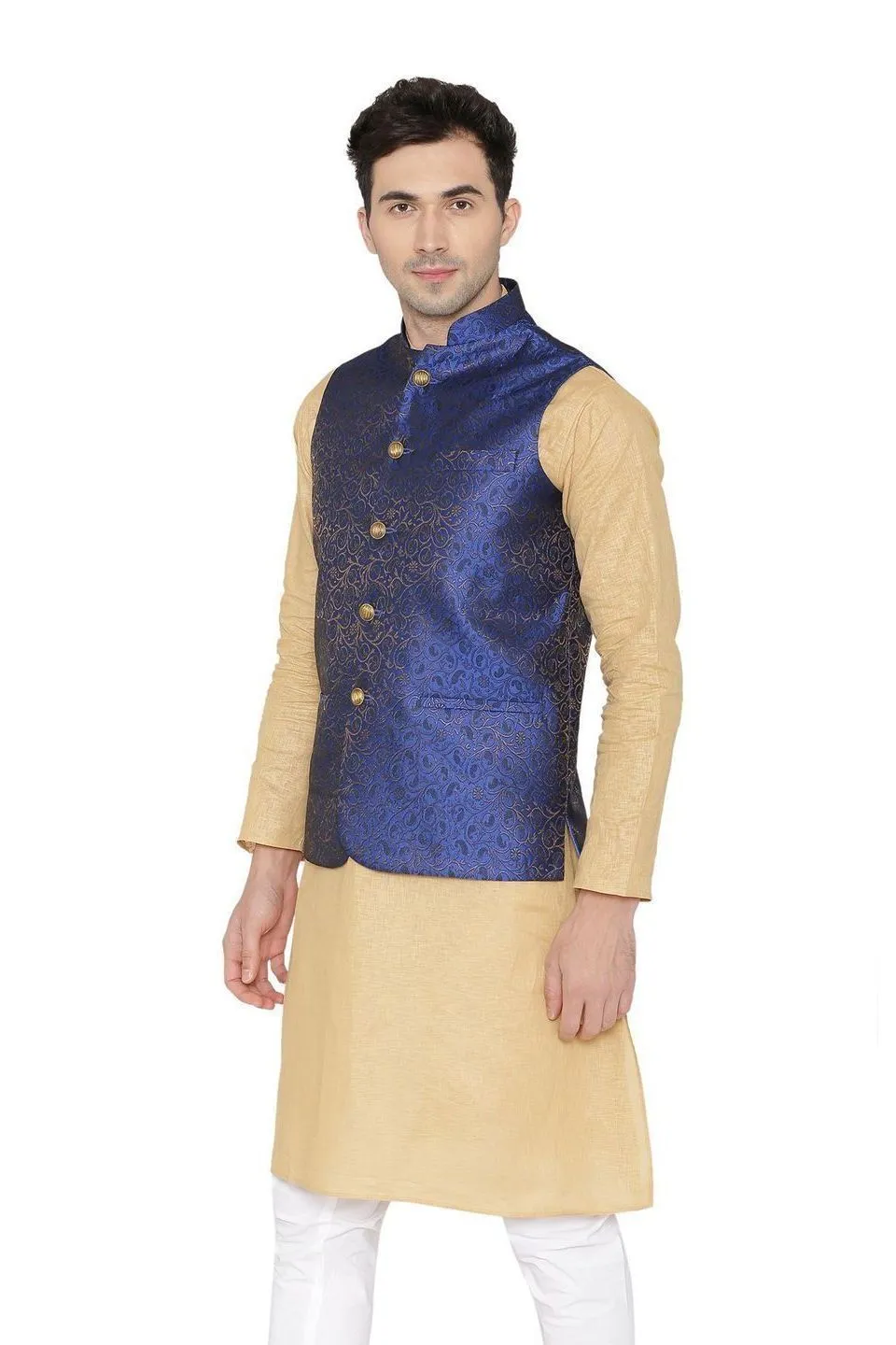Banarasi Rayon Cotton Blue Modi Nehru Jacket