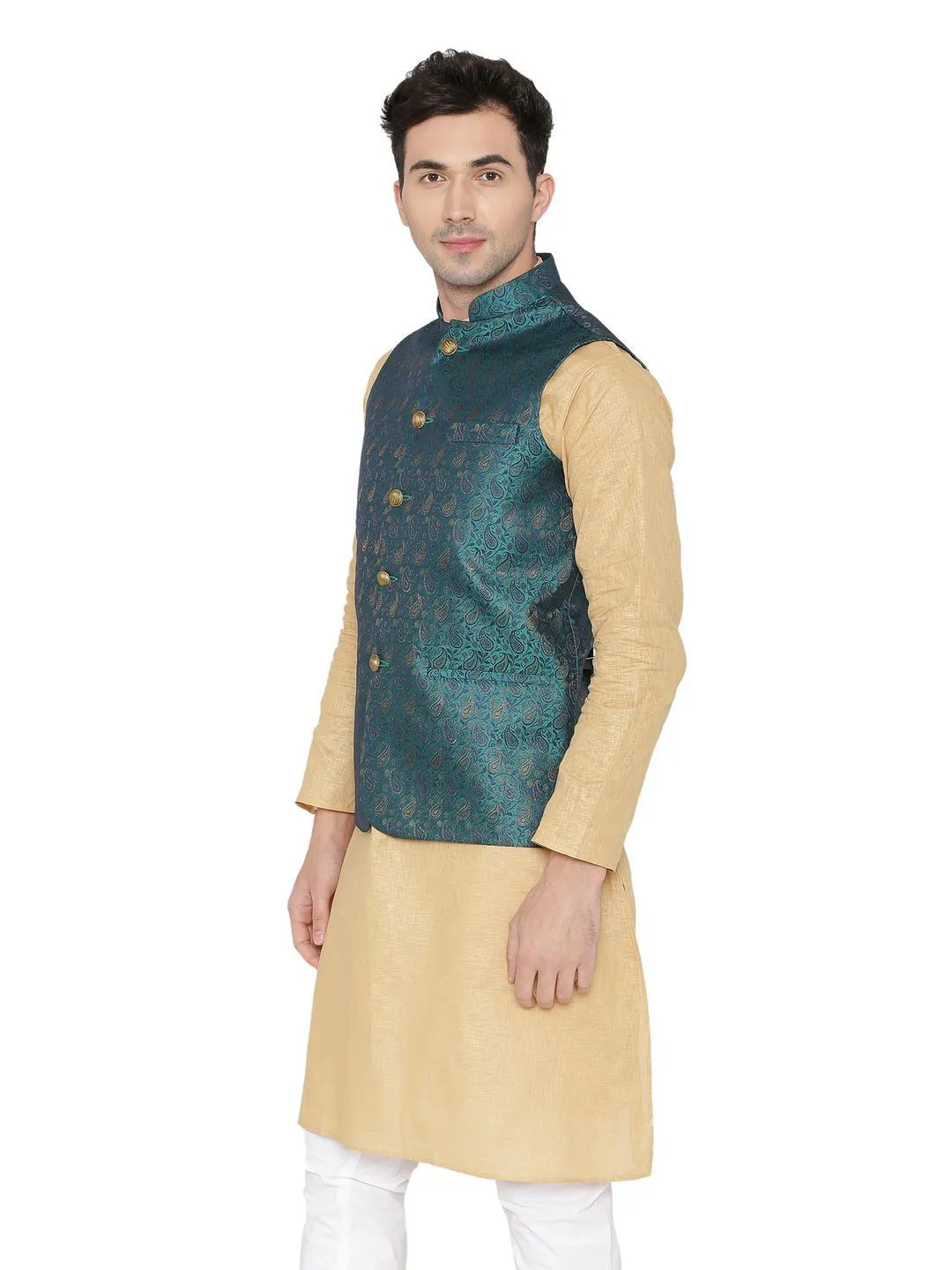 Banarasi Rayon Cotton Green Modi Nehru Jacket