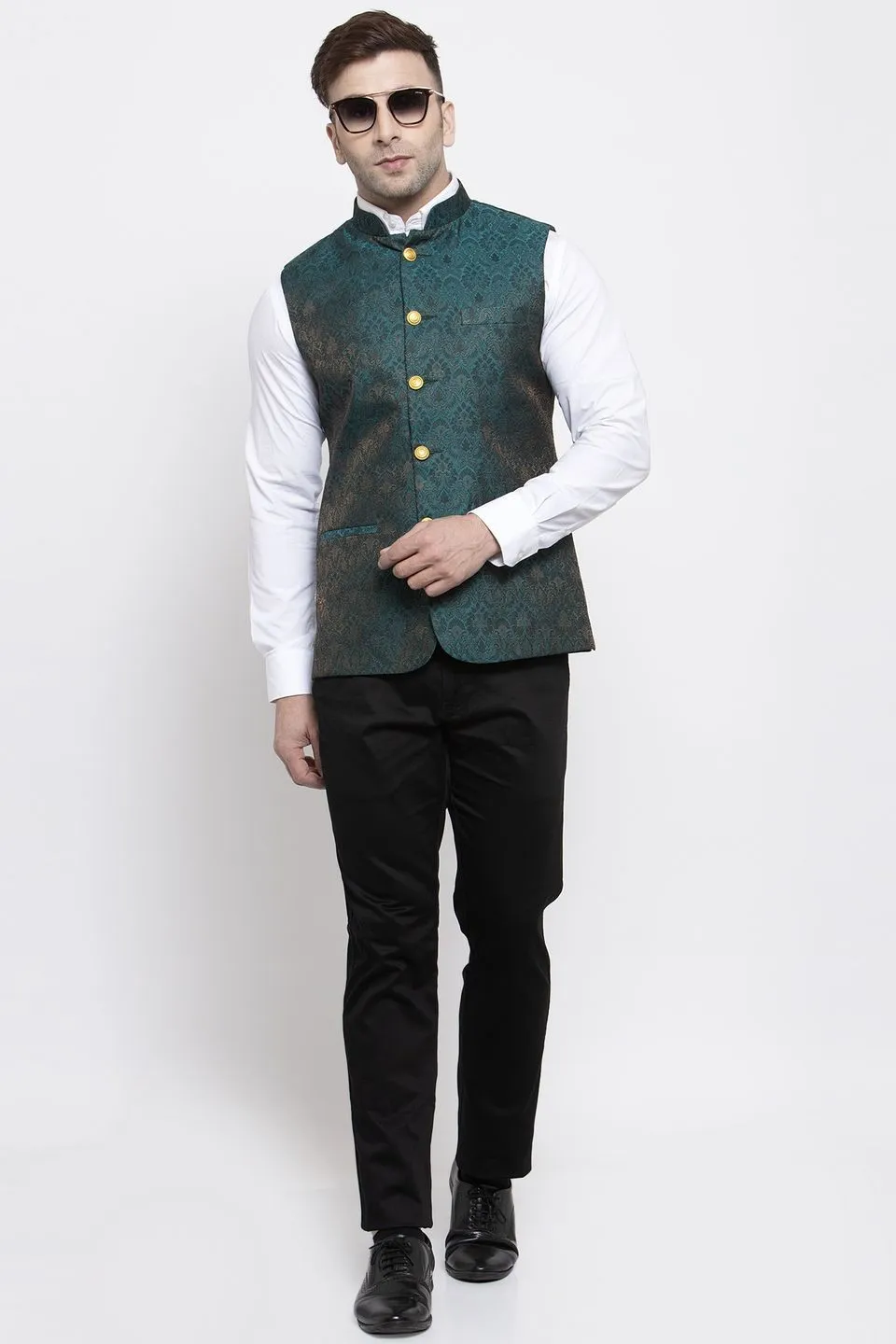 Banarasi Rayon Cotton Green Modi Nehru Jacket