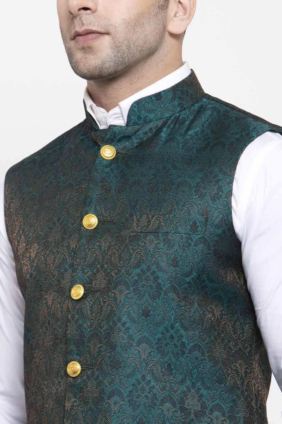 Banarasi Rayon Cotton Green Modi Nehru Jacket