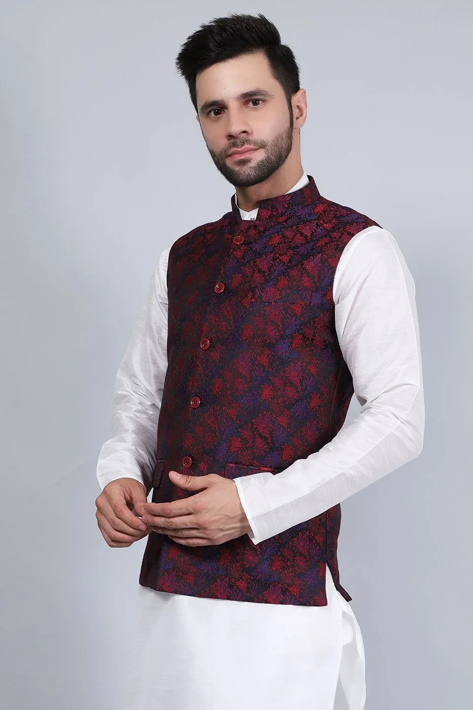 Banarasi Rayon Cotton Red Modi Nehru Jacket
