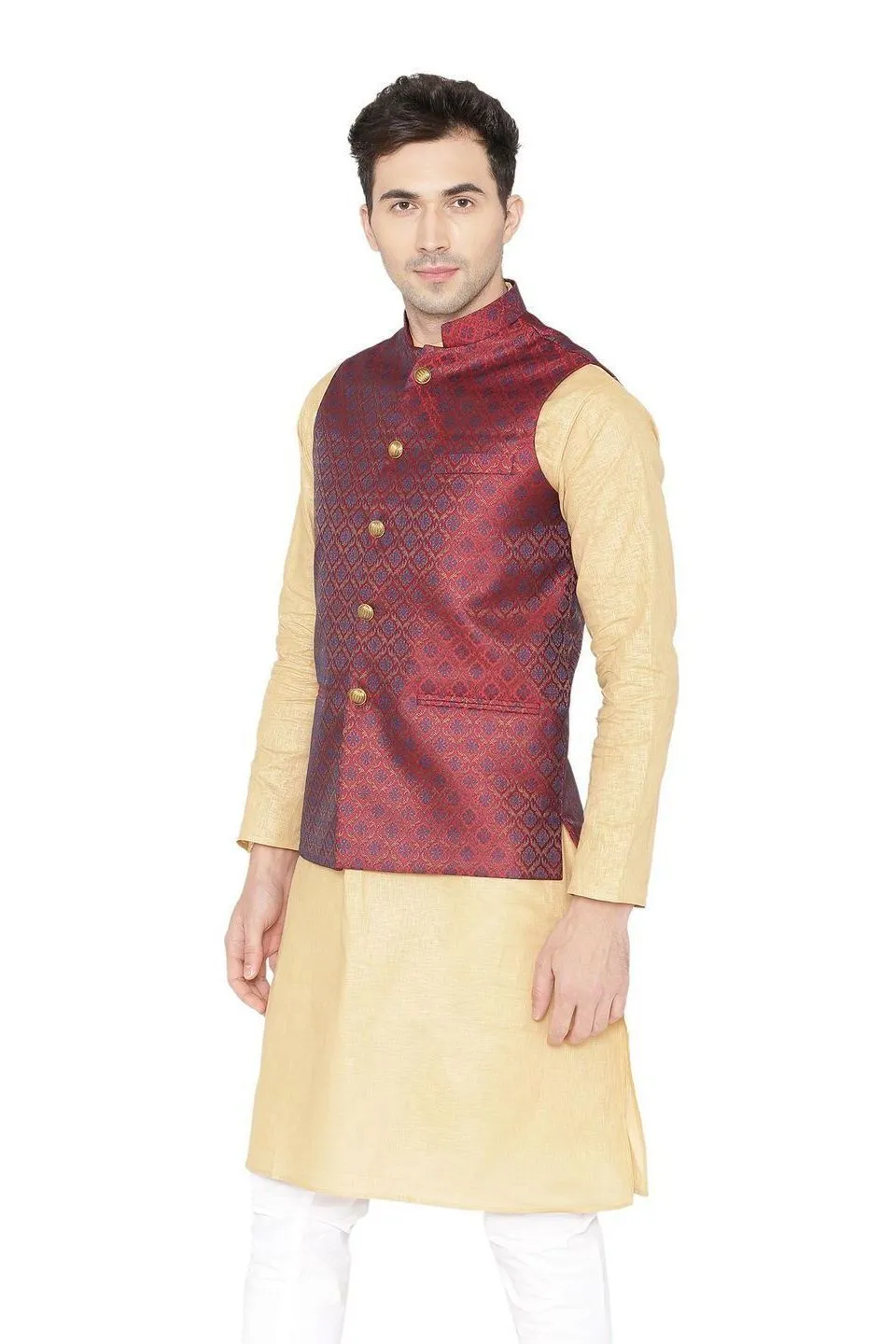 Banarasi Rayon Cotton Red Modi Nehru Jacket
