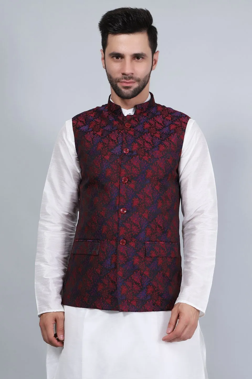 Banarasi Rayon Cotton Red Modi Nehru Jacket