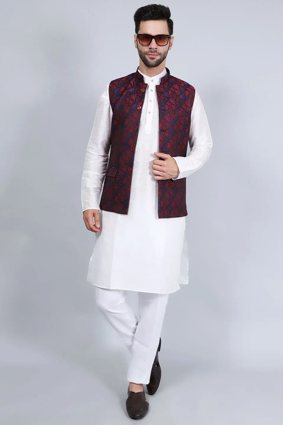 Banarasi Rayon Cotton Red Modi Nehru Jacket