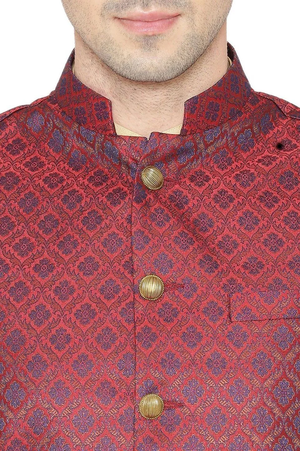 Banarasi Rayon Cotton Red Modi Nehru Jacket