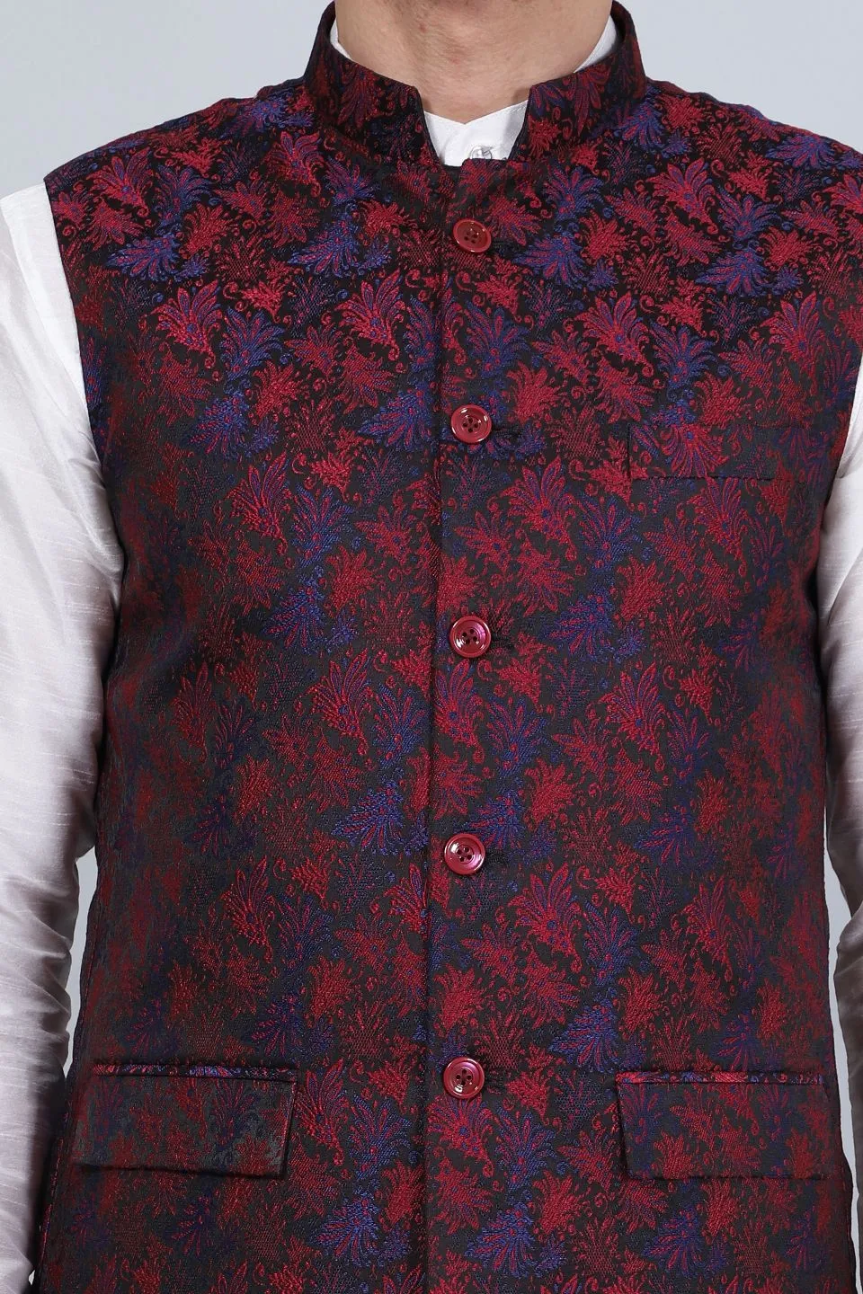 Banarasi Rayon Cotton Red Modi Nehru Jacket