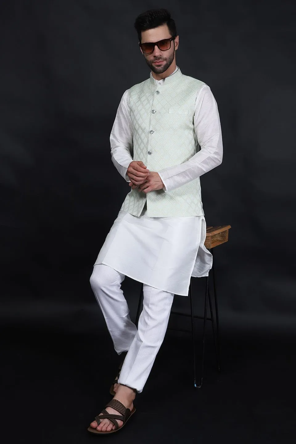 Banarasi Rayon Cotton Silver Modi Nehru Jacket
