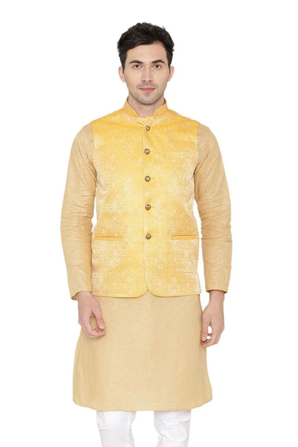 Banarasi Rayon Cotton Yellow Modi Nehru Jacket