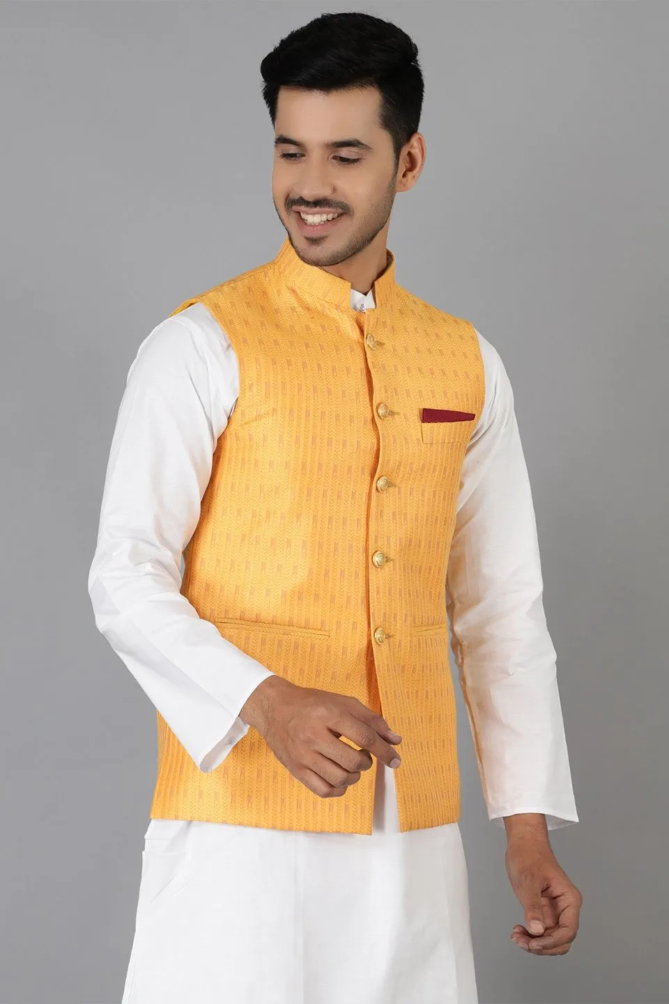 Banarasi Rayon Cotton Yellow Modi Nehru Jacket