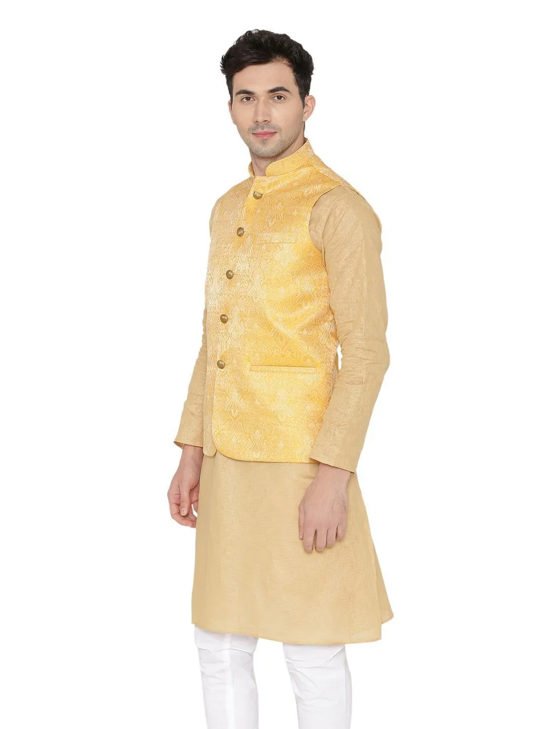 Banarasi Rayon Cotton Yellow Modi Nehru Jacket