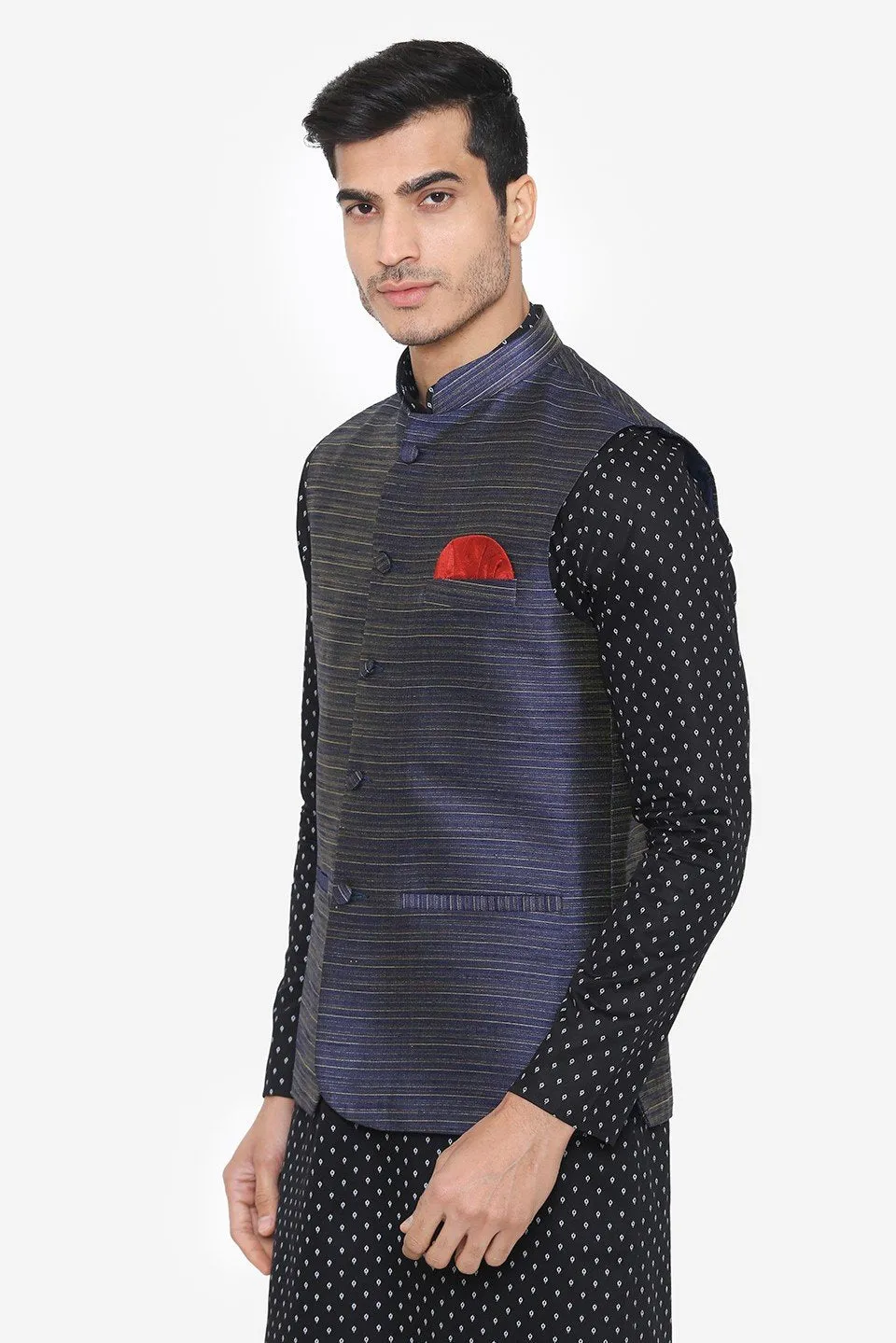 Banarsi Rayon Cotton Blue Nehru Modi Jacket