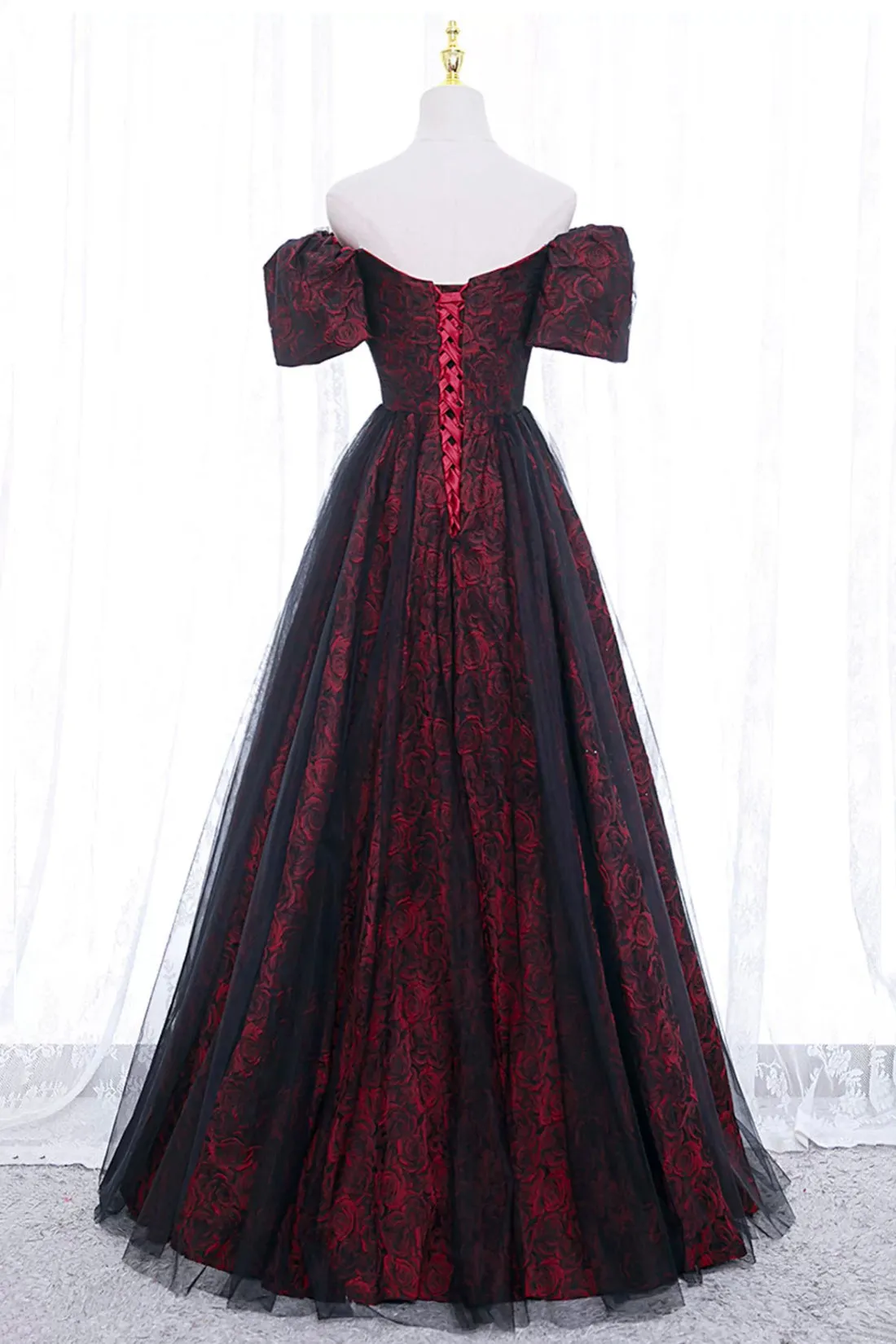Burgundy Floral Pattern and Black Tulle Long Off Shoulder Prom Dress with Short Sleeves