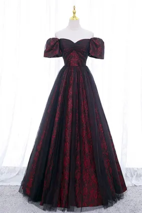 Burgundy Floral Pattern and Black Tulle Long Off Shoulder Prom Dress with Short Sleeves
