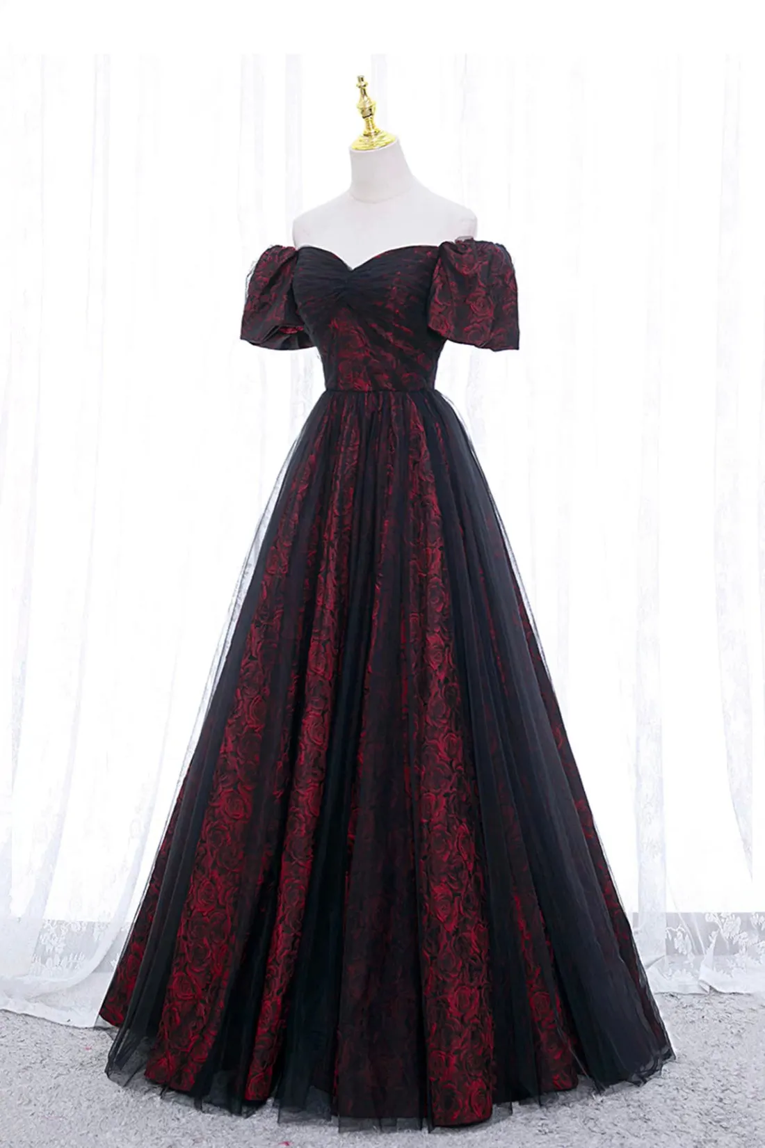 Burgundy Floral Pattern and Black Tulle Long Off Shoulder Prom Dress with Short Sleeves