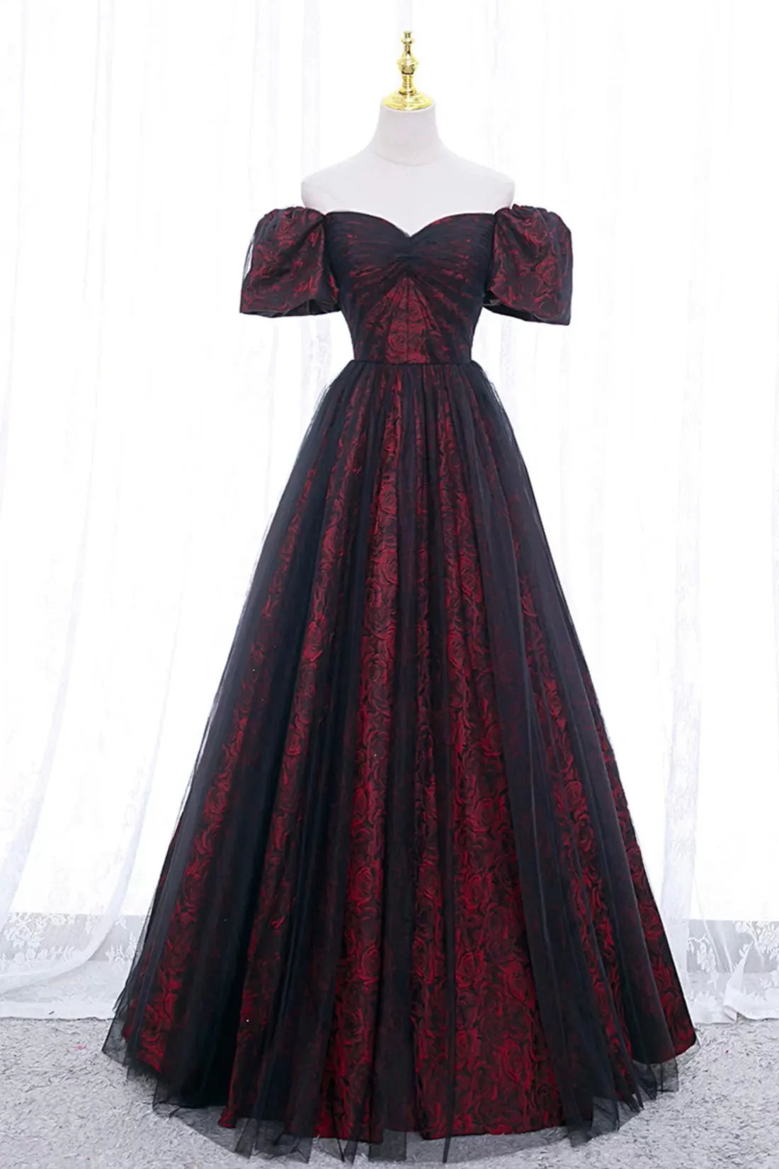 Burgundy Floral Pattern and Black Tulle Long Off Shoulder Prom Dress with Short Sleeves