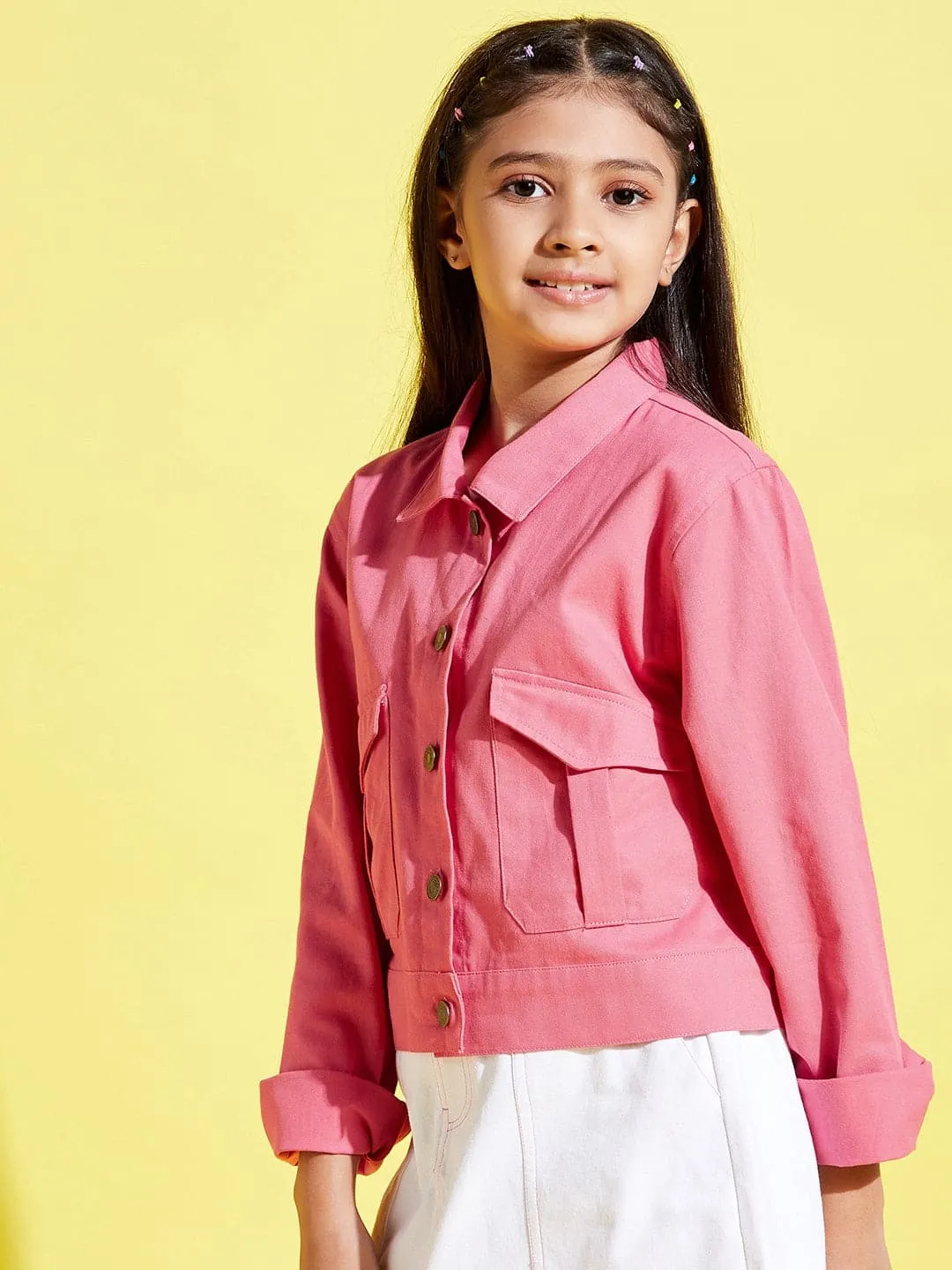 Girls Pink Front Button Twill Jacket - Lyush Kids