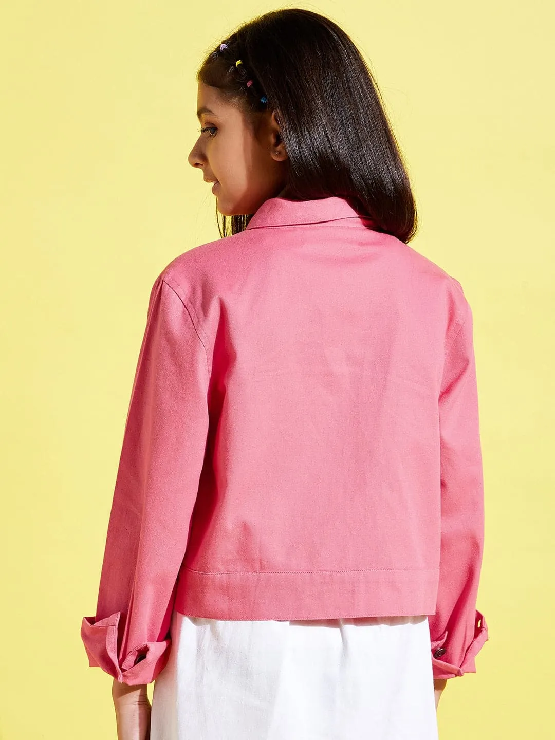Girls Pink Front Button Twill Jacket - Lyush Kids