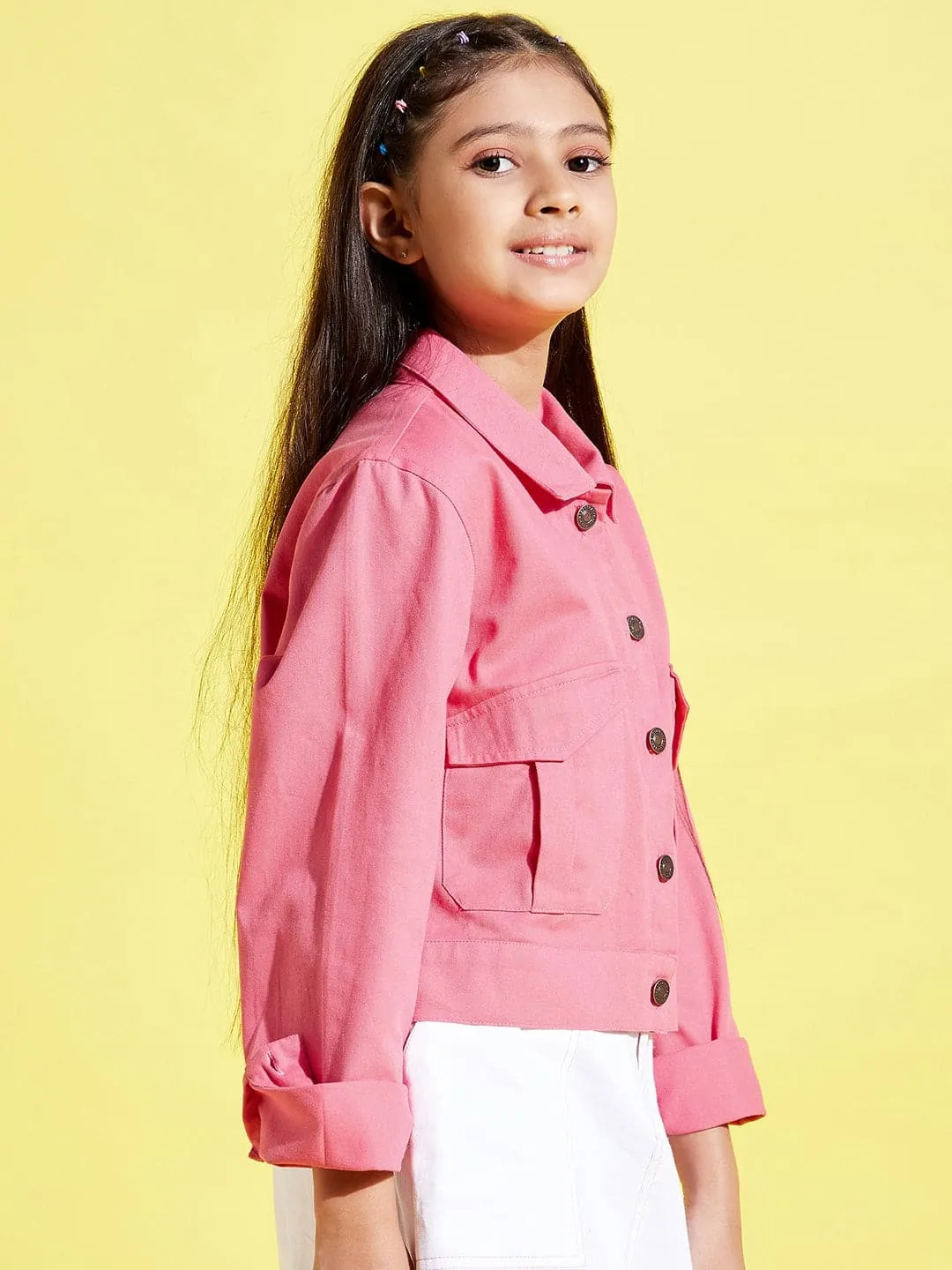Girls Pink Front Button Twill Jacket - Lyush Kids
