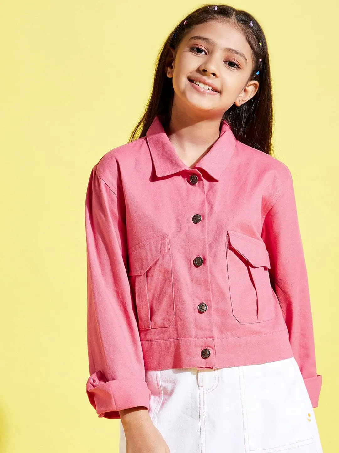 Girls Pink Front Button Twill Jacket - Lyush Kids