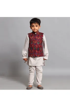 Grey kurta and churidar with maroon printed jacket
