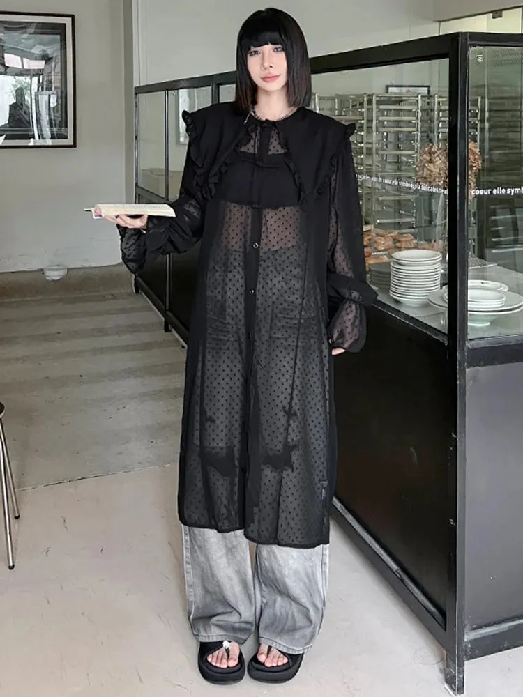 HEYFANCYSTYLE Elegant Sheer Black Dot Midi Blouse Dress