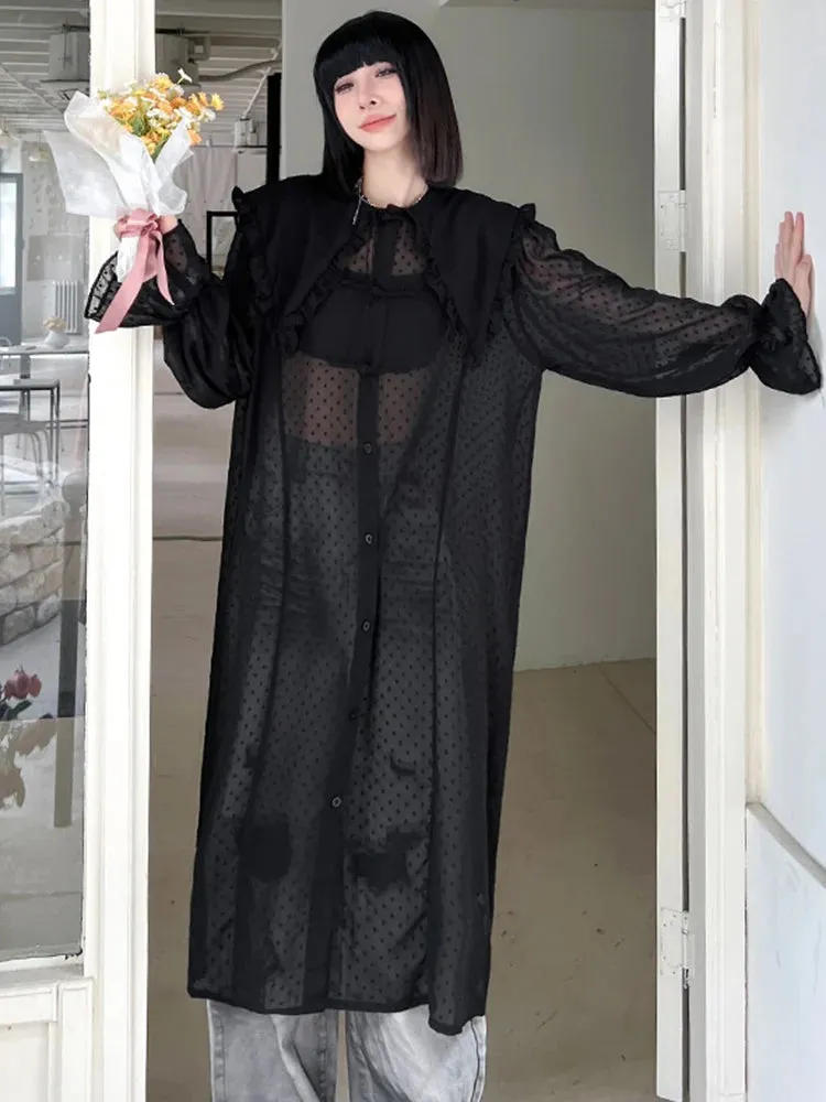 HEYFANCYSTYLE Elegant Sheer Black Dot Midi Blouse Dress