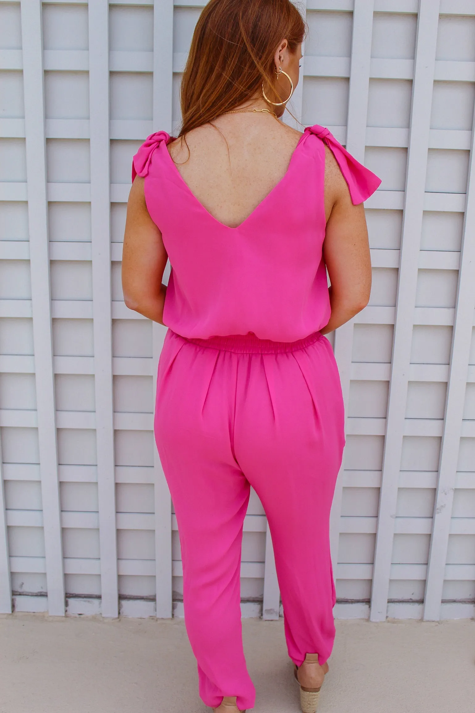 Jessica Shoulder Tie Jumpsuit- Hot Pink