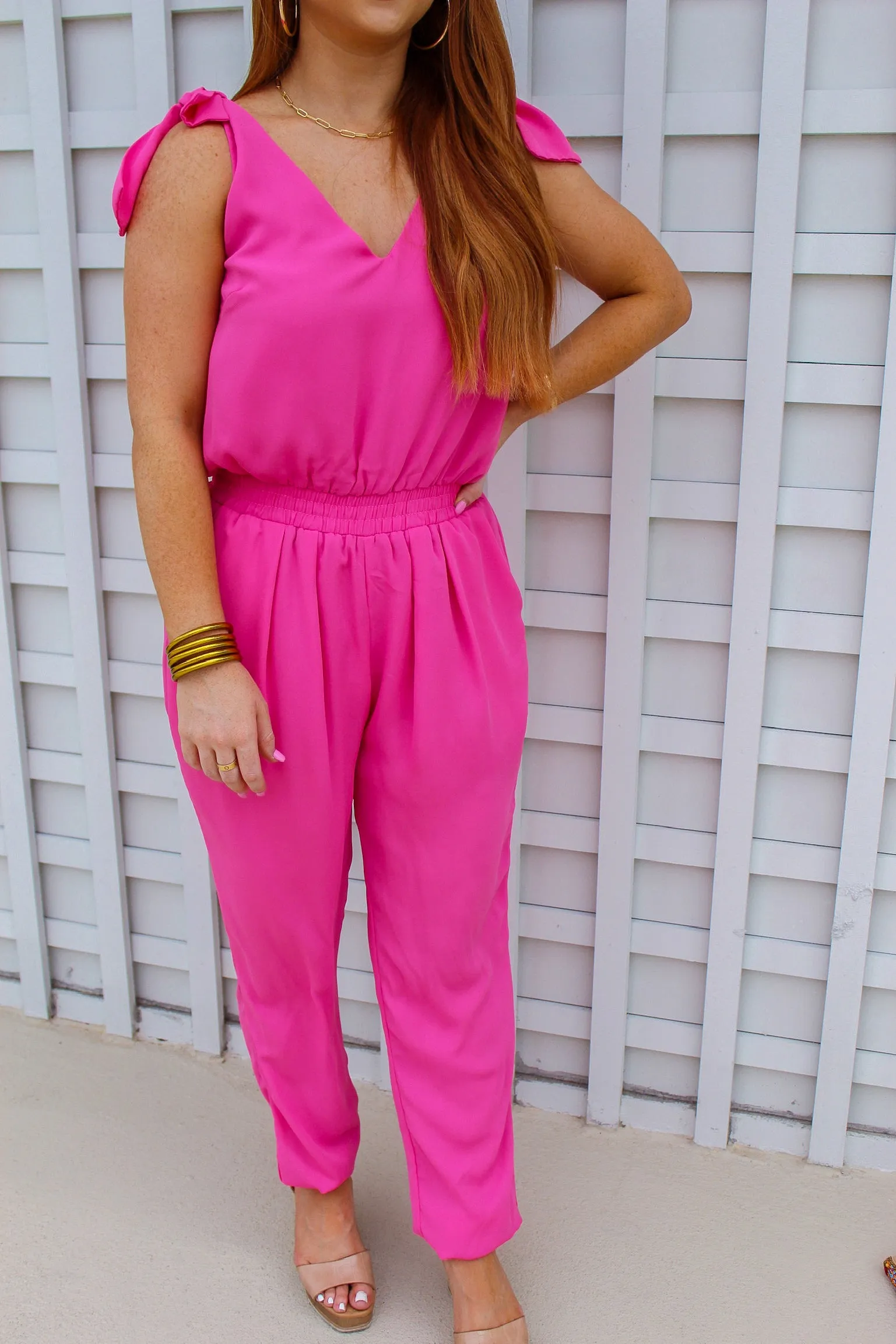 Jessica Shoulder Tie Jumpsuit- Hot Pink