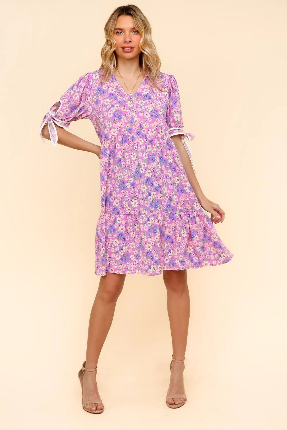 KNEE LENGTH DRESS W/ BOW TIE SHORT SLEEVES