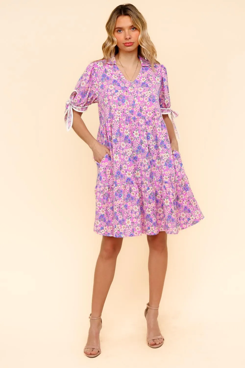 KNEE LENGTH DRESS W/ BOW TIE SHORT SLEEVES