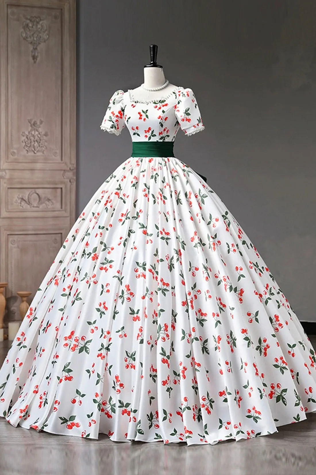 Lovely Cherry Pattern Long Princess Prom Dress, White A-Line Evening Party Dress