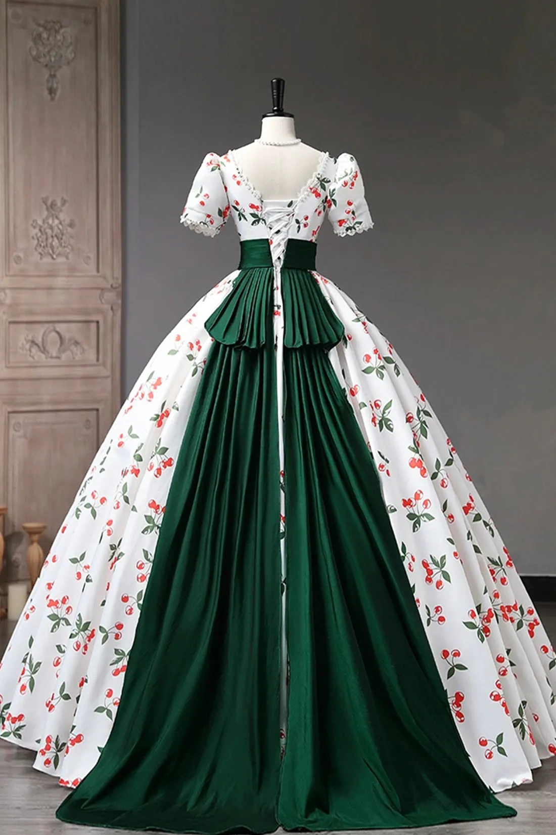 Lovely Cherry Pattern Long Princess Prom Dress, White A-Line Evening Party Dress