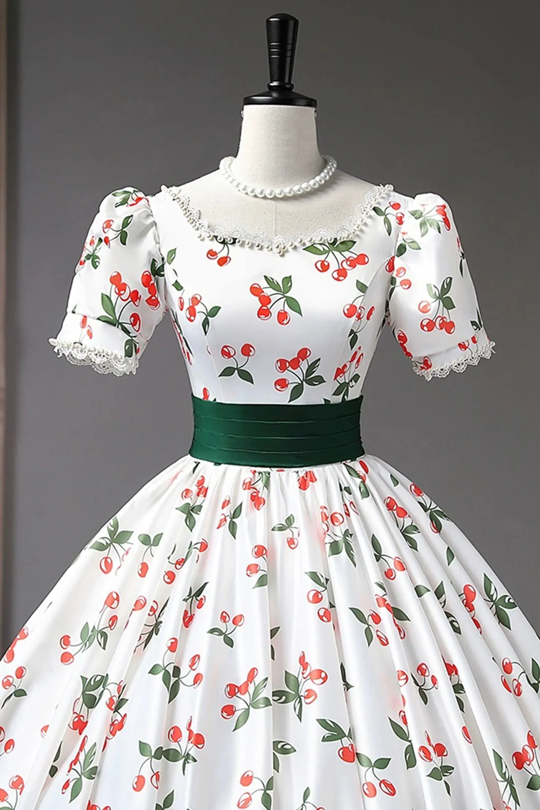 Lovely Cherry Pattern Long Princess Prom Dress, White A-Line Evening Party Dress