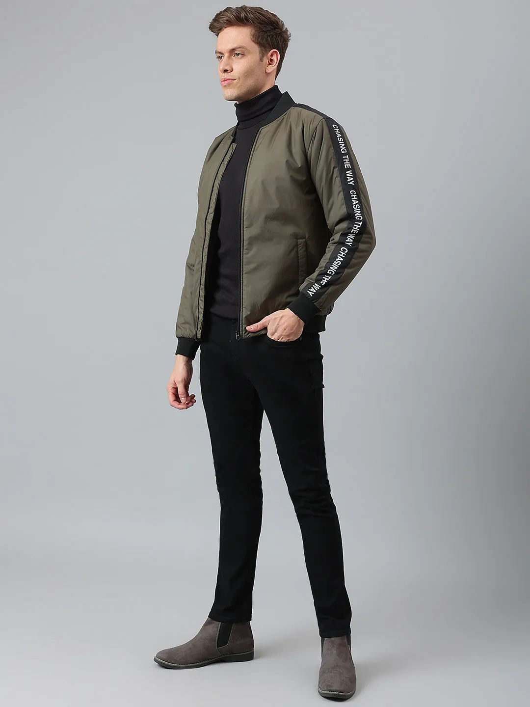 Men's Olive Regular Fit Winterwear Bomber Jacket