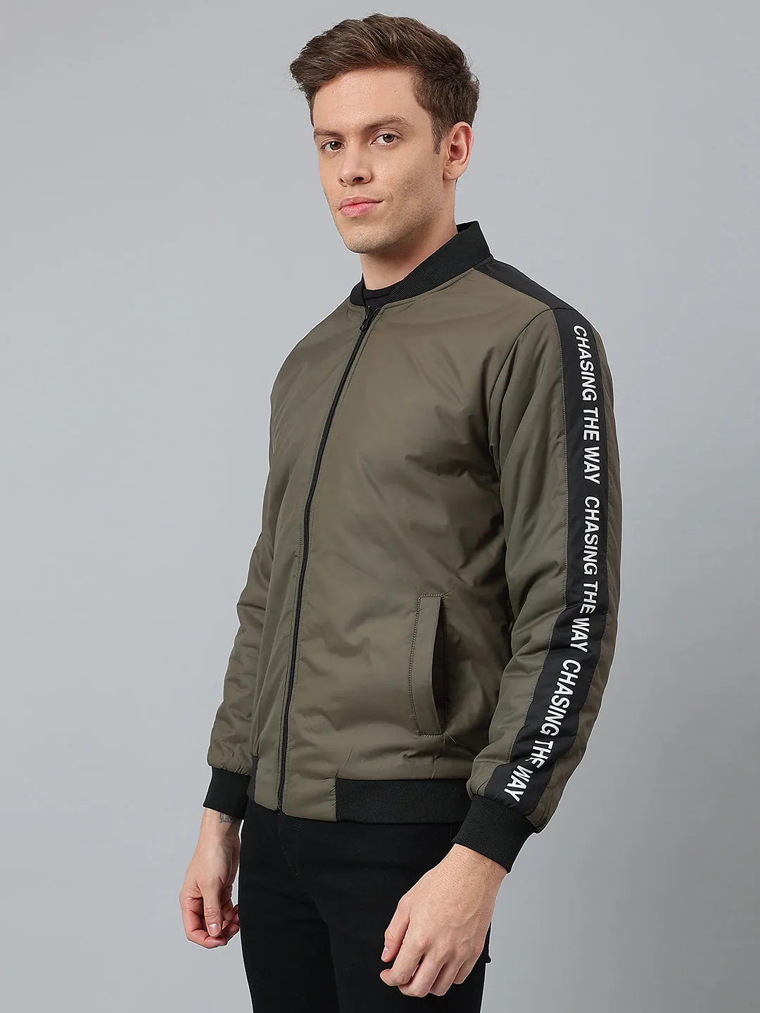 Men's Olive Regular Fit Winterwear Bomber Jacket