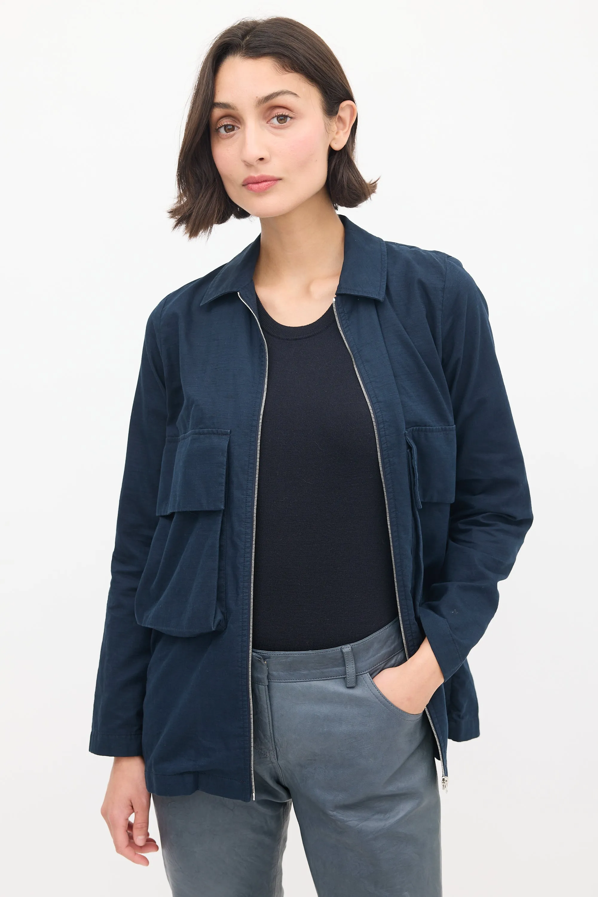 Navy Cotton & Hemp Two Pocket Zip Jacket