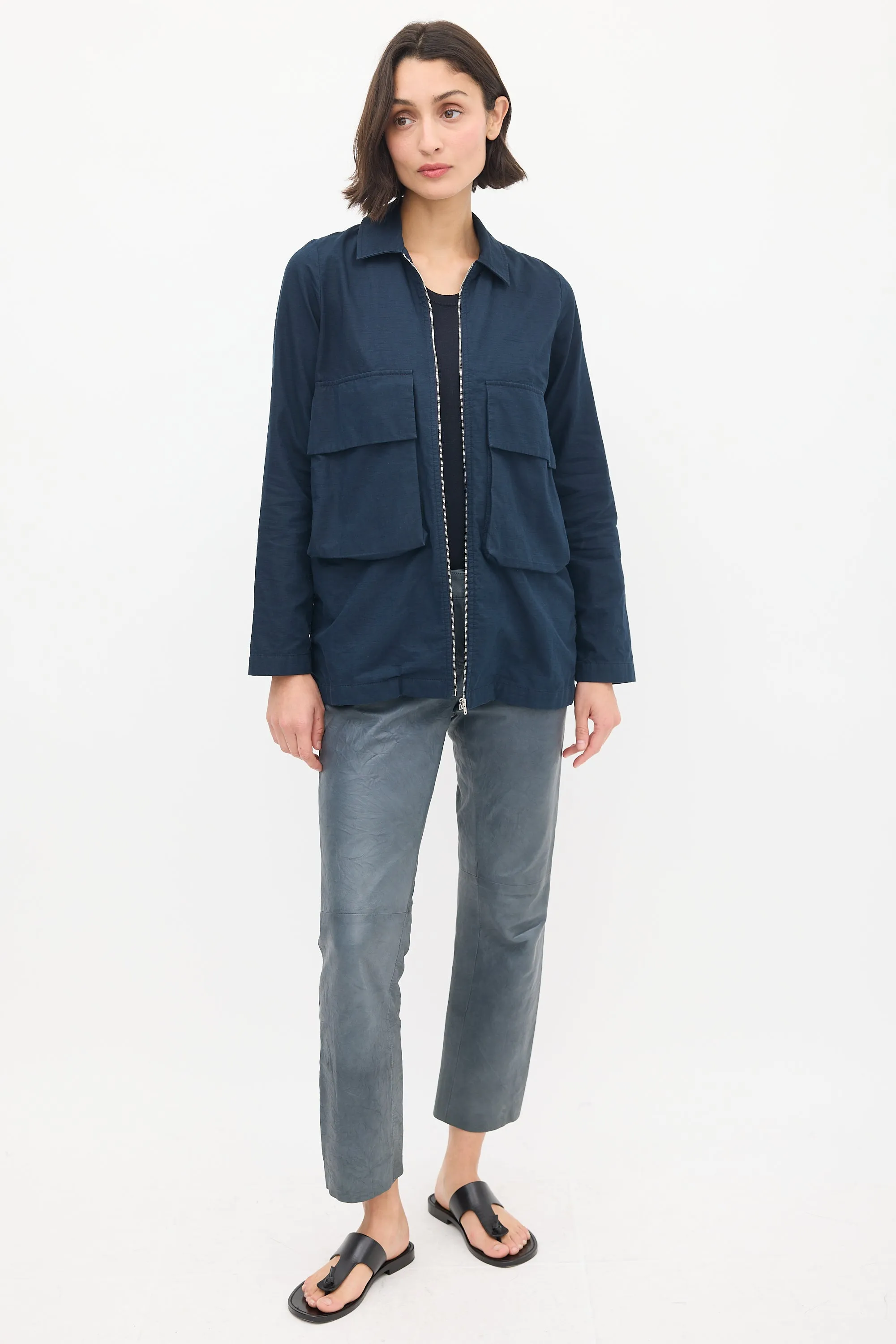 Navy Cotton & Hemp Two Pocket Zip Jacket
