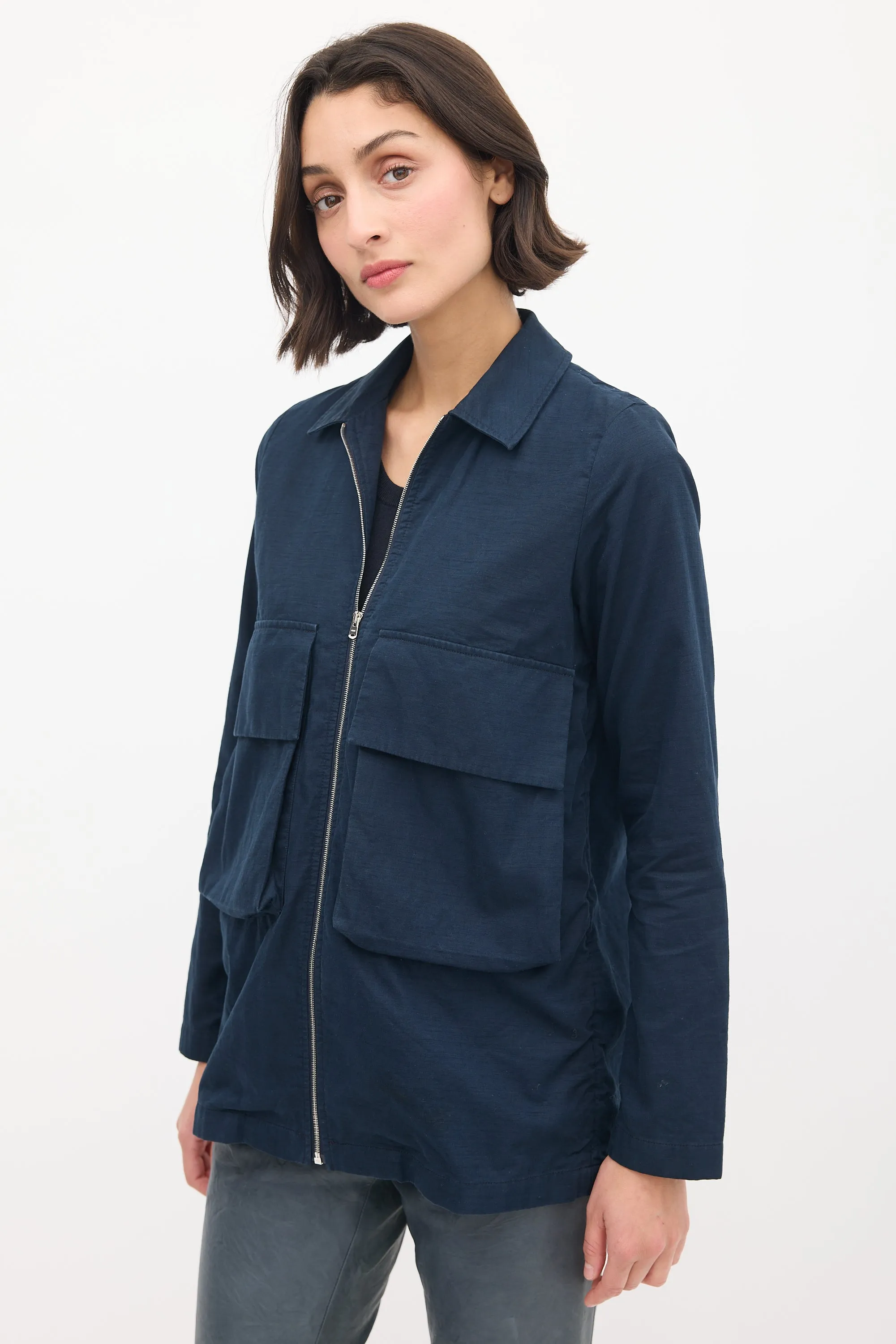 Navy Cotton & Hemp Two Pocket Zip Jacket