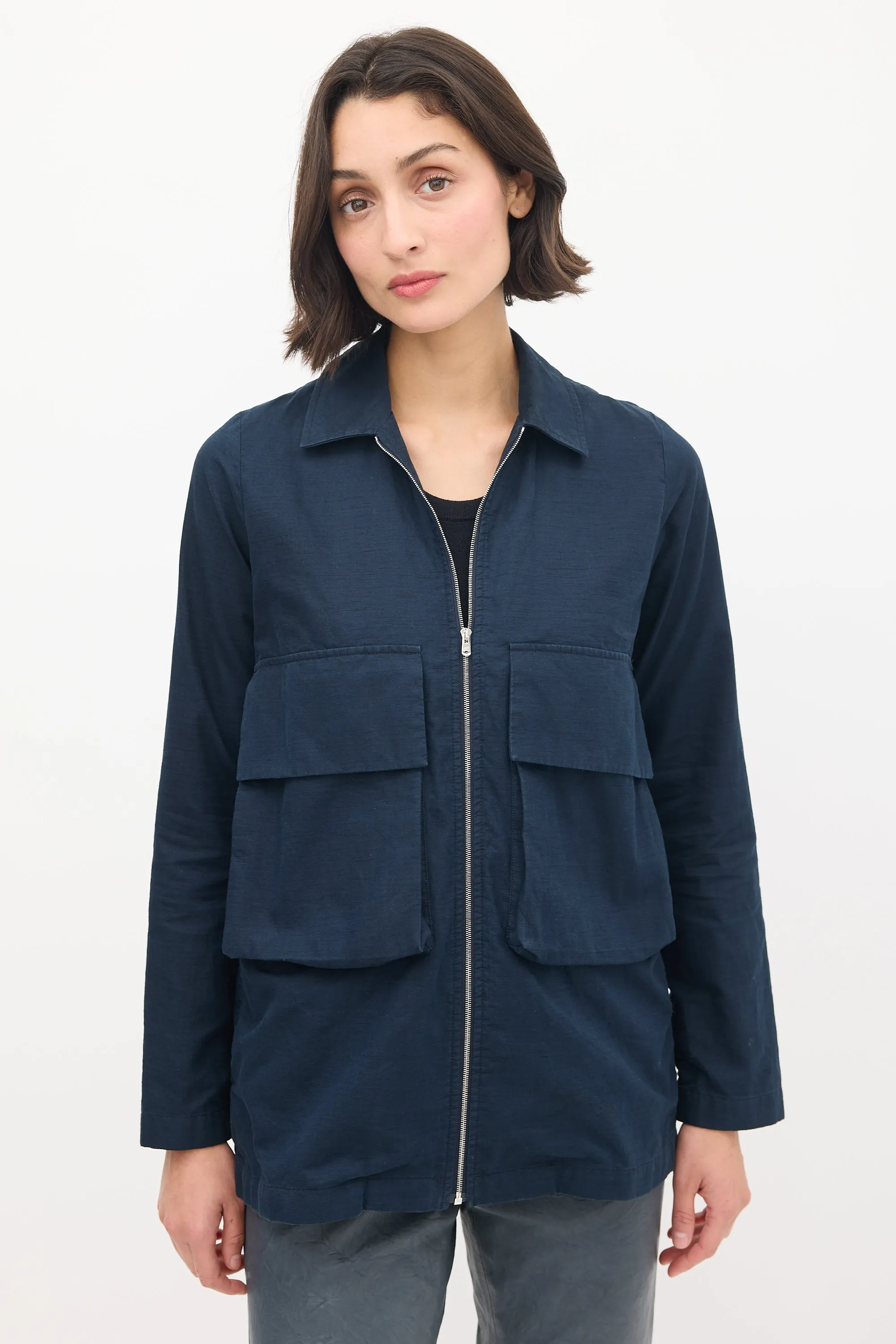 Navy Cotton & Hemp Two Pocket Zip Jacket