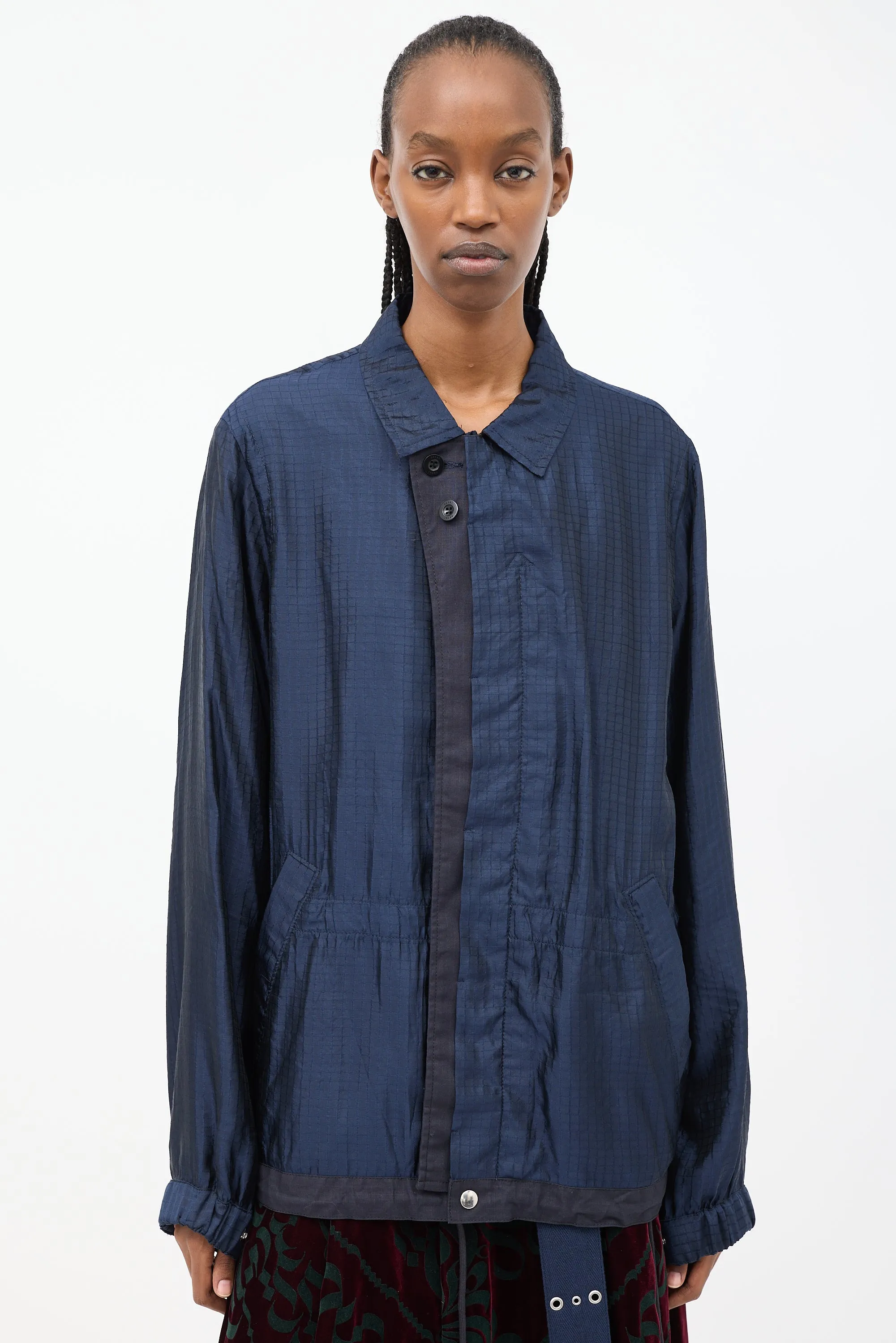 Navy Silk & Nylon Drawstring Anorak Jacket