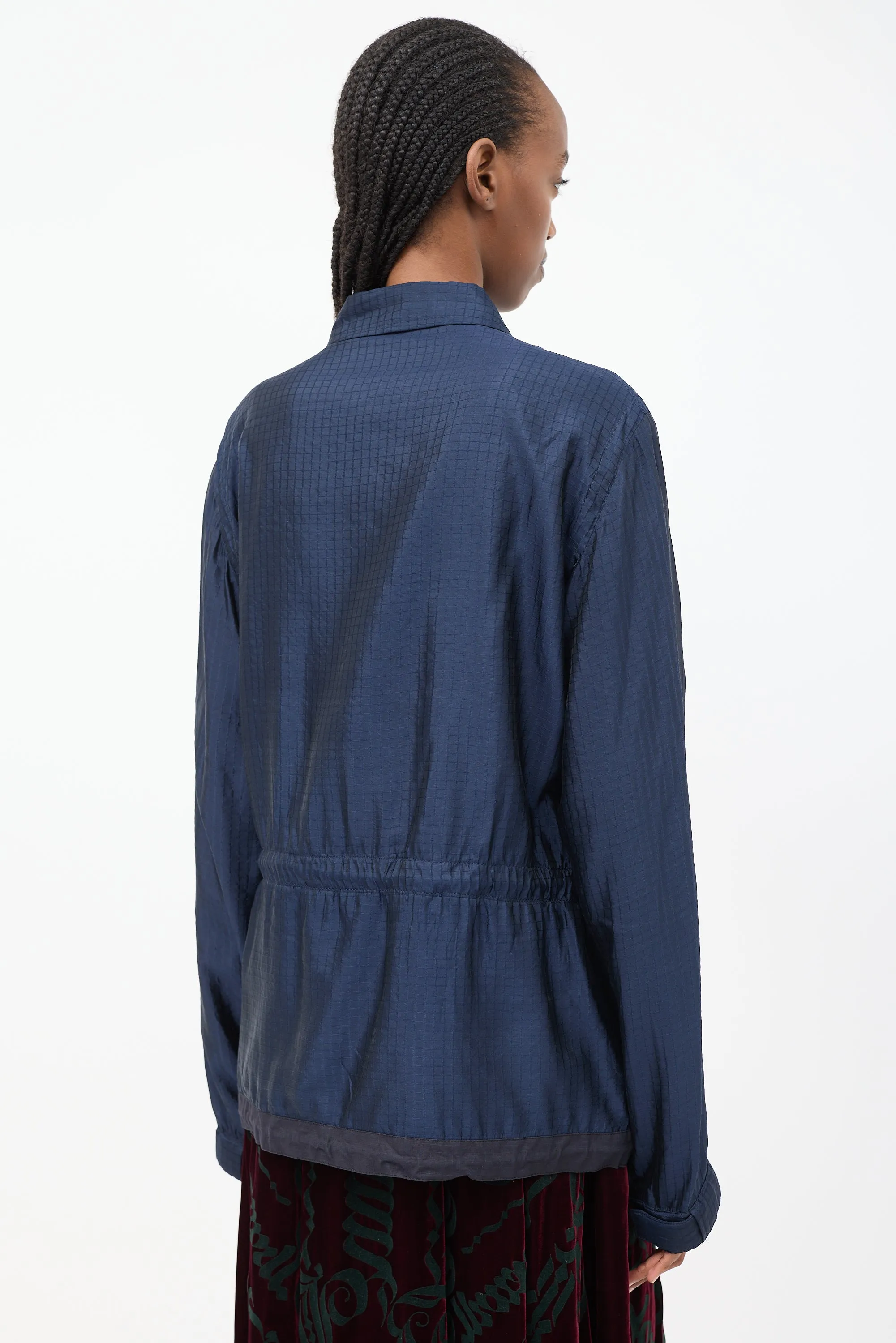 Navy Silk & Nylon Drawstring Anorak Jacket