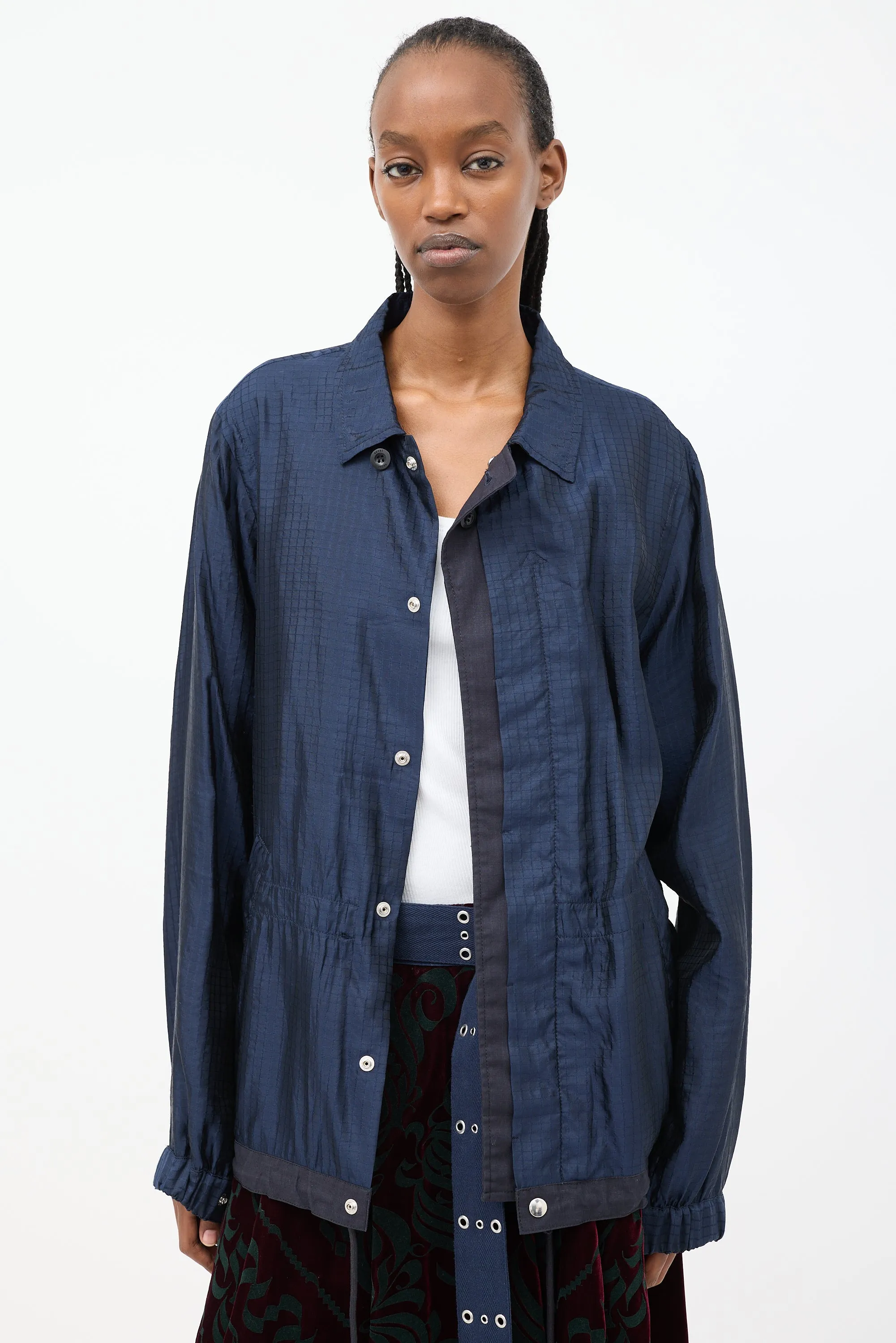 Navy Silk & Nylon Drawstring Anorak Jacket