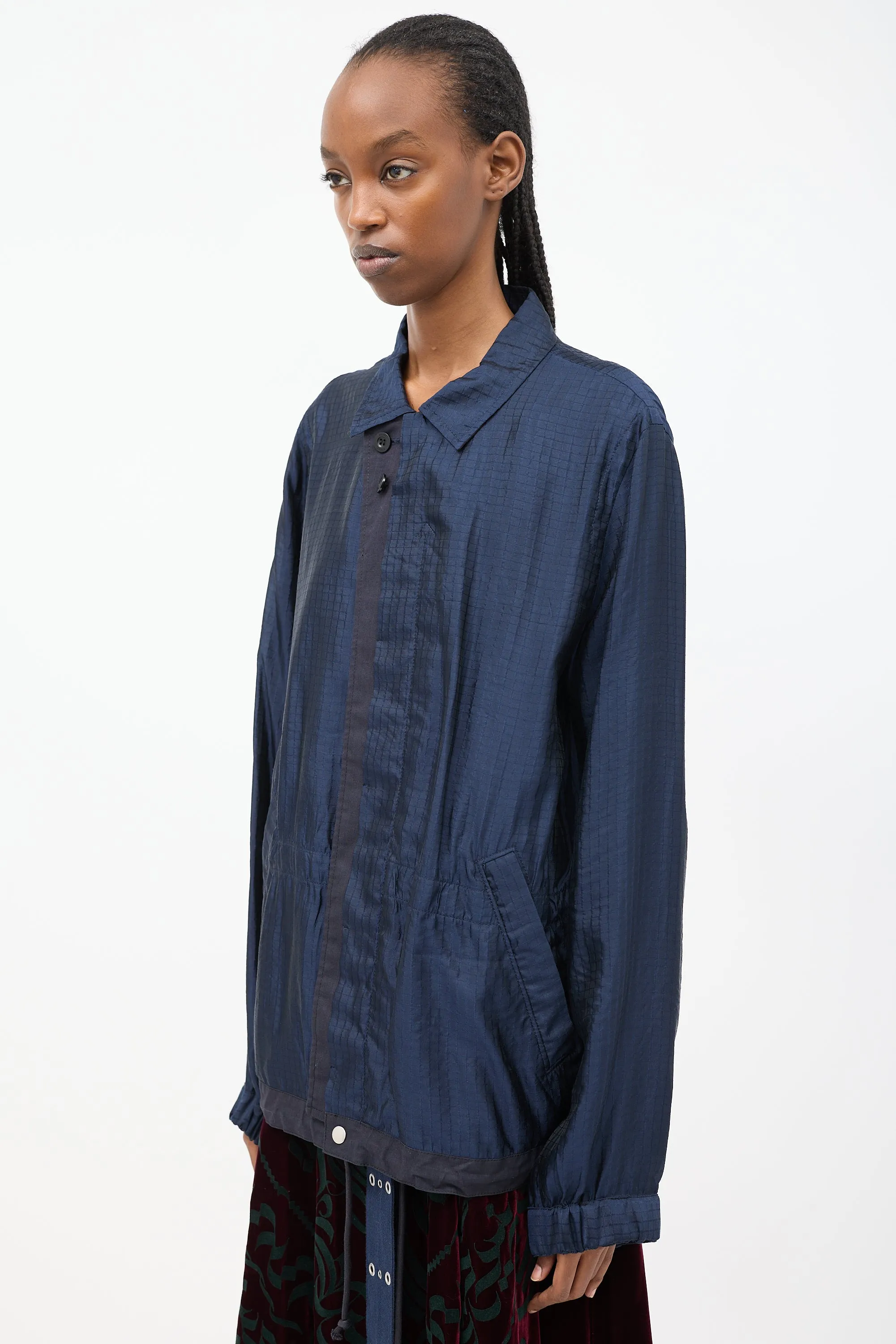 Navy Silk & Nylon Drawstring Anorak Jacket