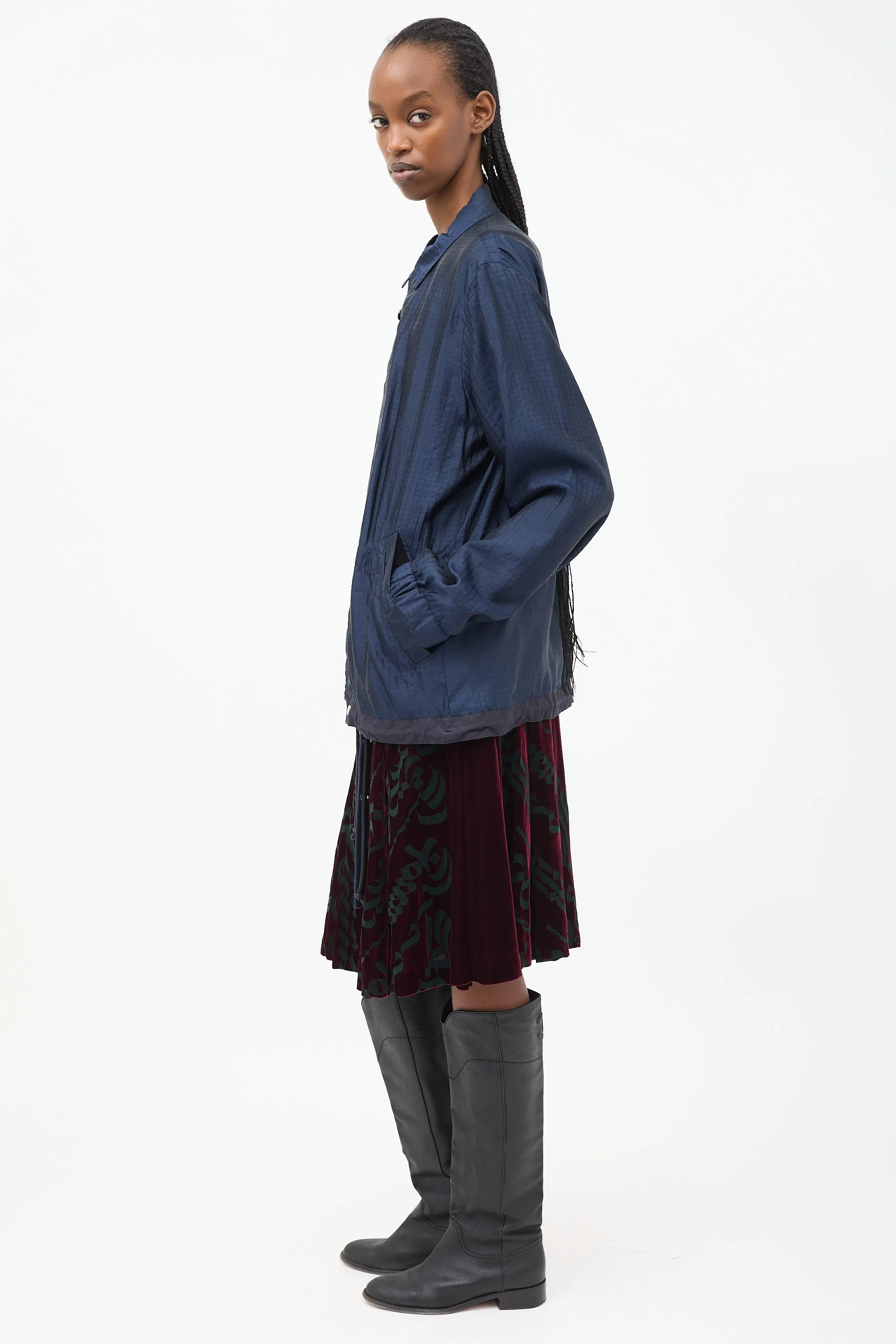 Navy Silk & Nylon Drawstring Anorak Jacket