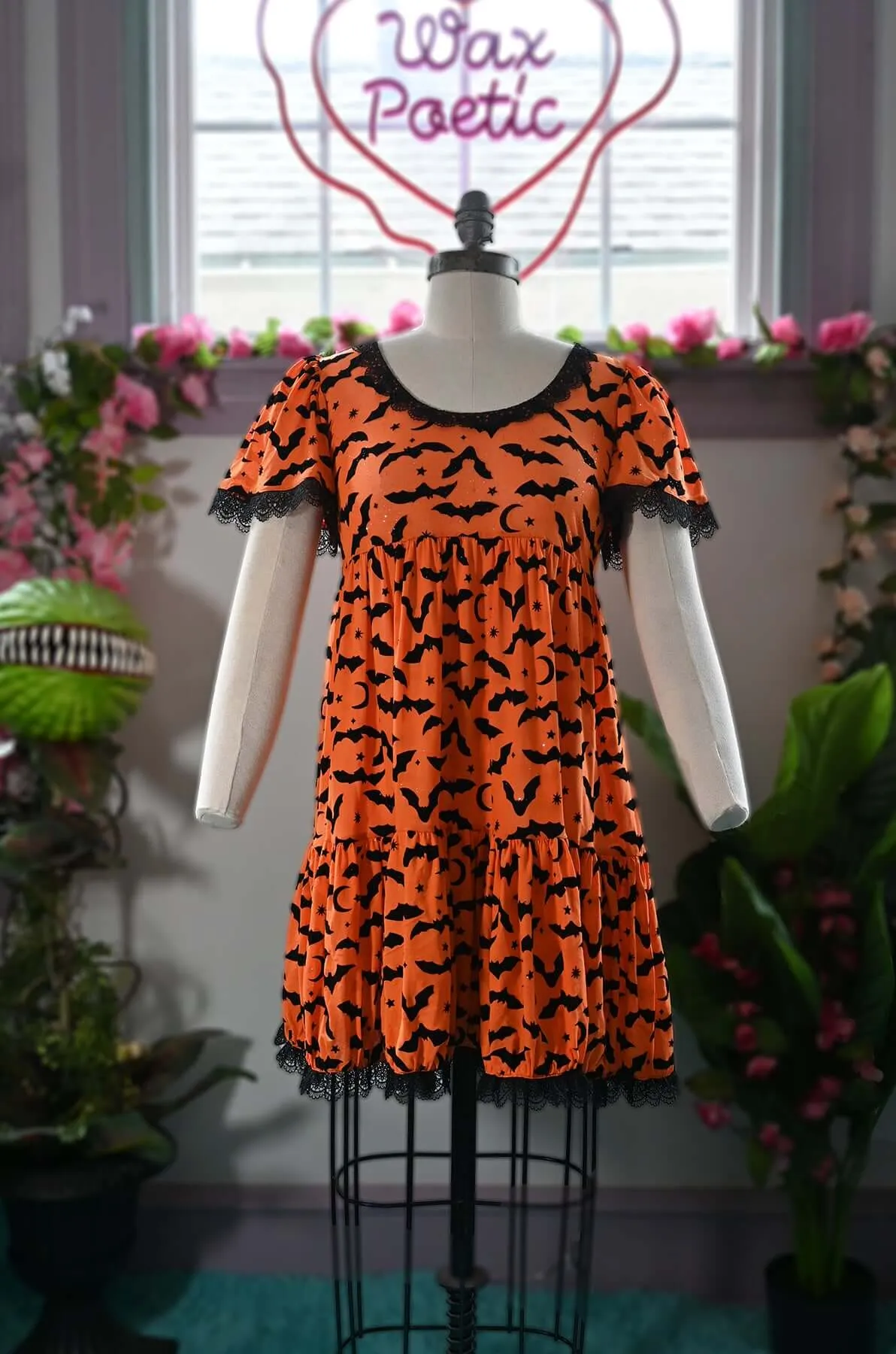 Raven Dress in Orange Queen of Halloween Flocked Sparkle Mesh