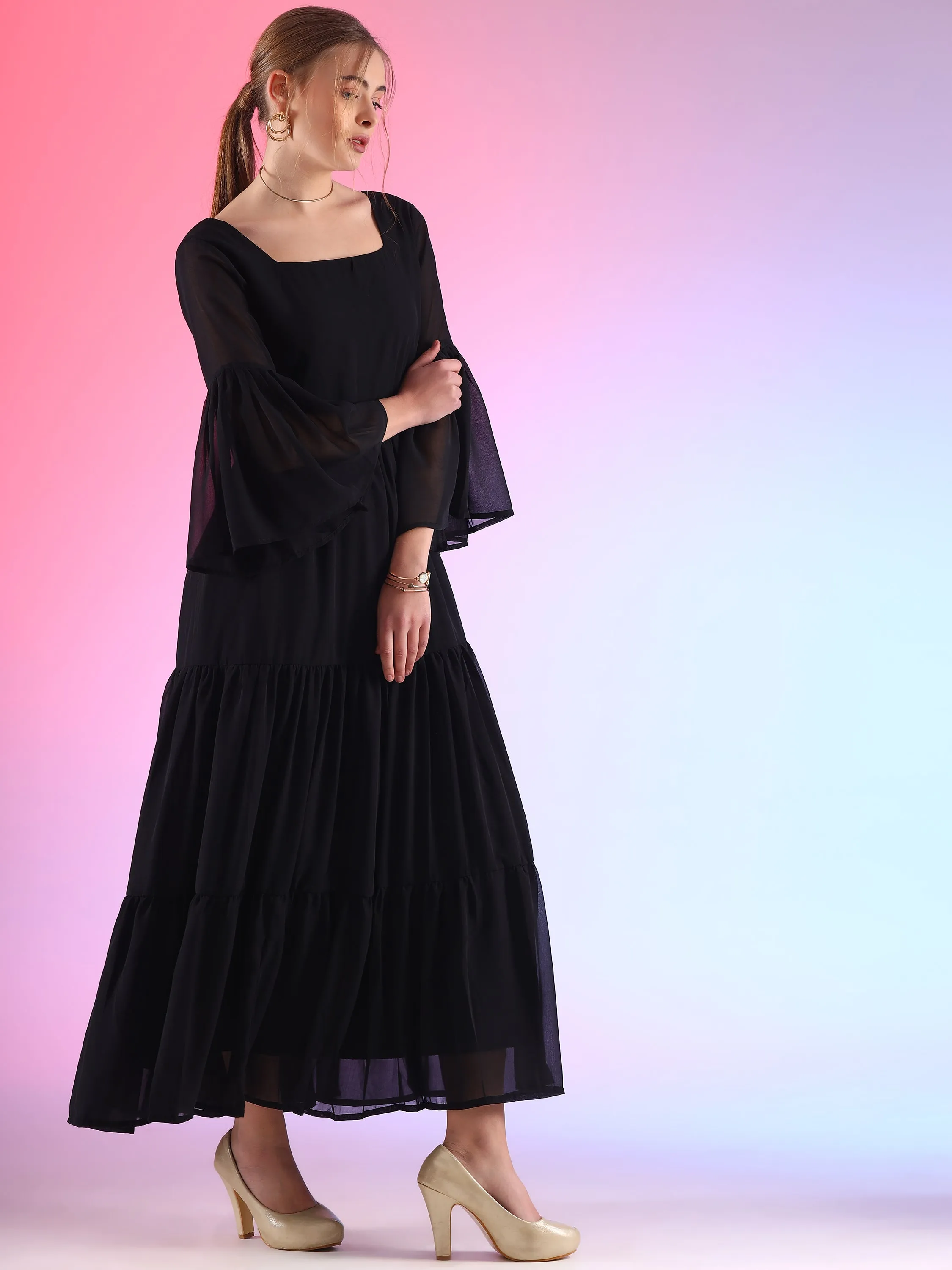 Stylish Square Neck Georgette Fit and Flare Maxi Dress
