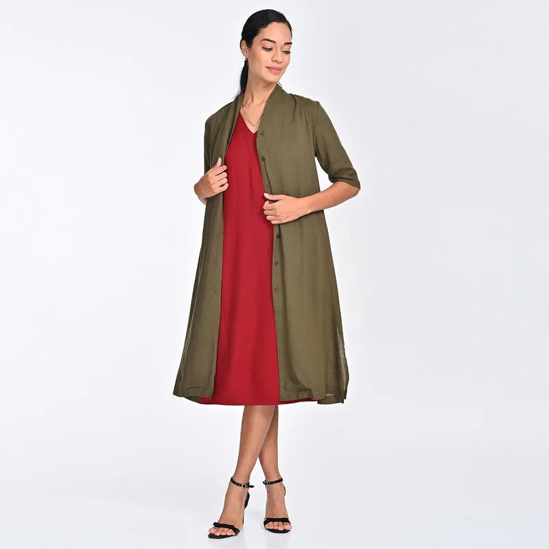 Tencel Co Ord Set For Women | Shirt & Dress | Draped Neck | Maroon & Olive