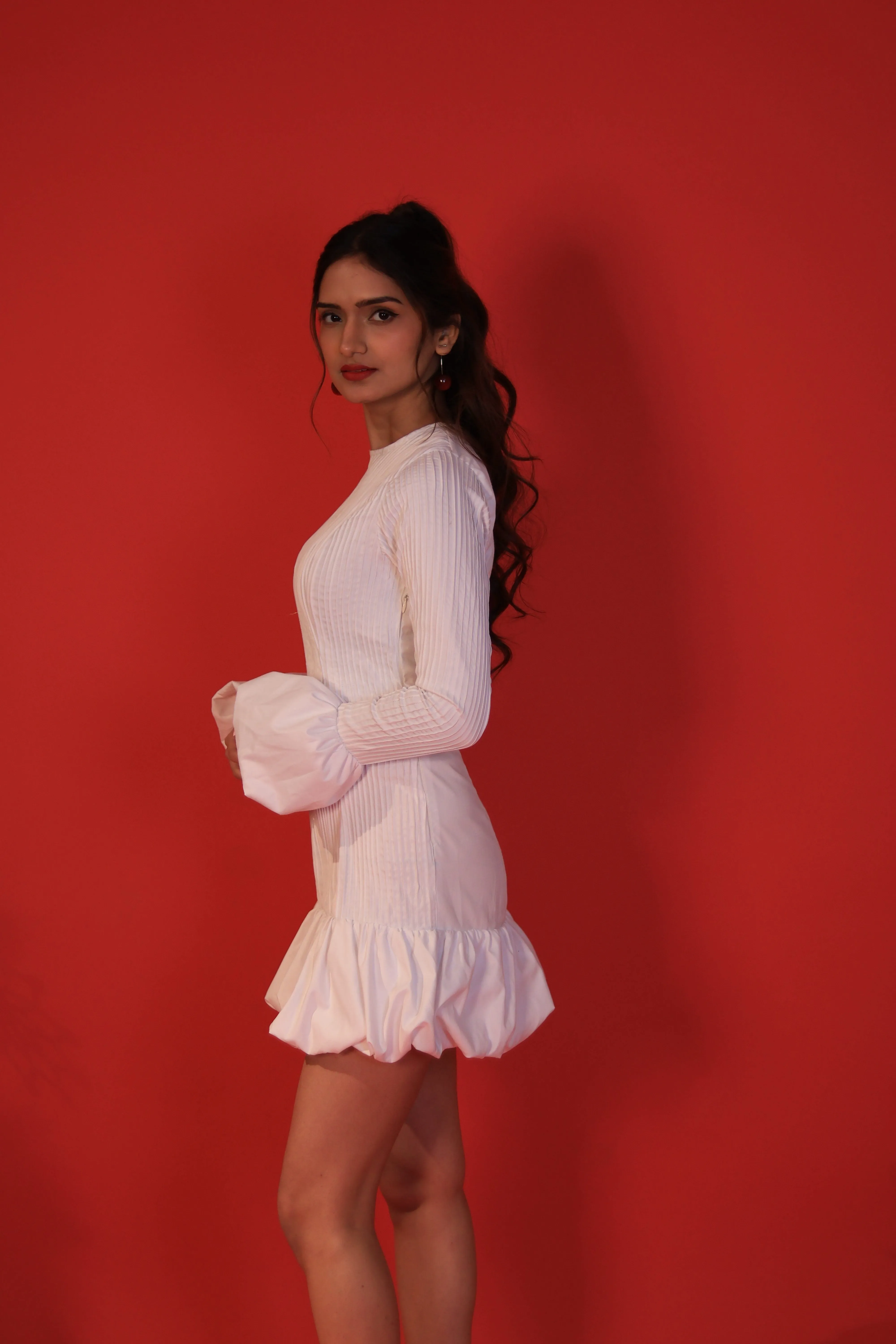 White Pintucks Balloon Hem Dress