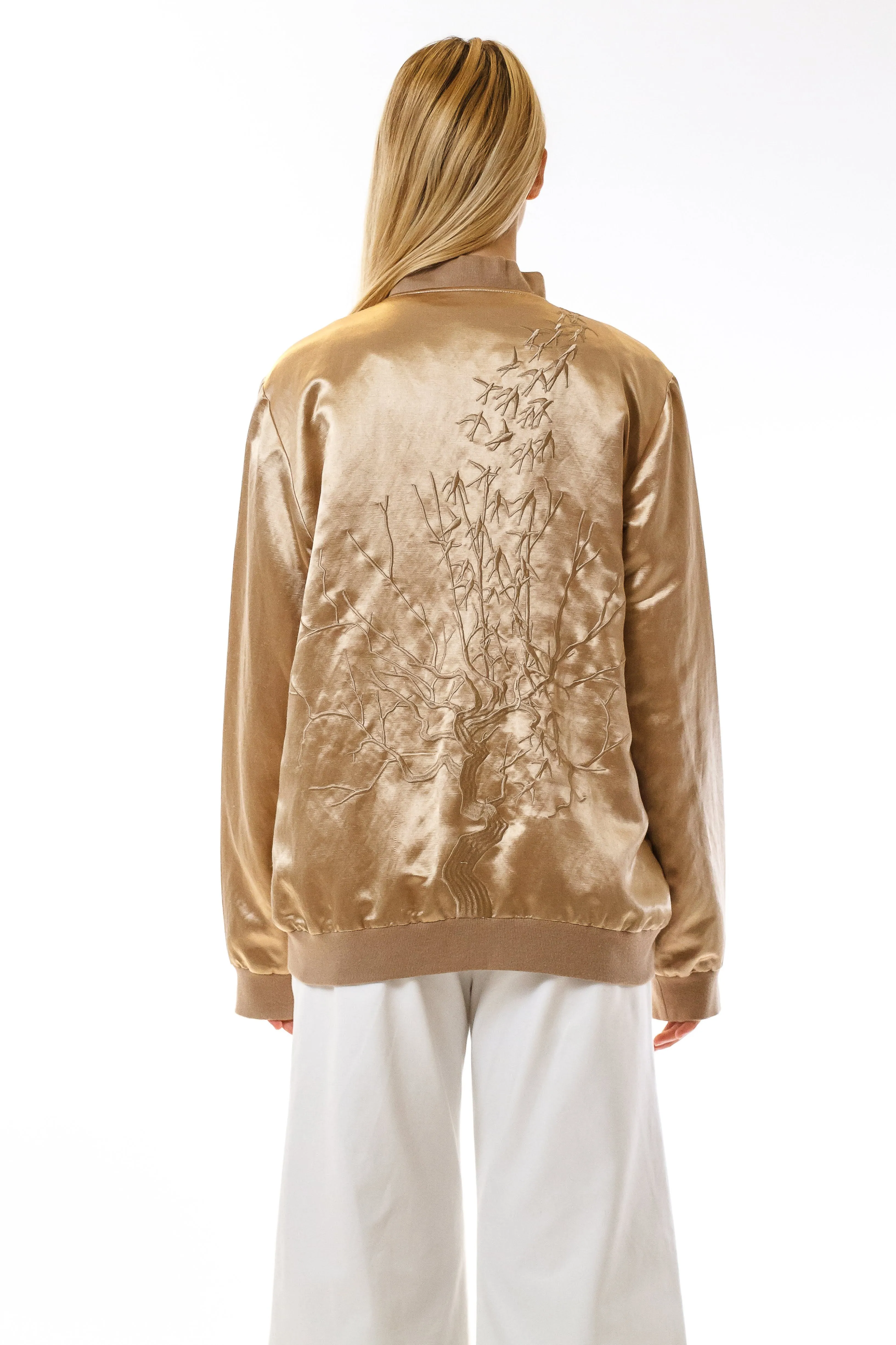 Womens Embroidered Silk Bomber
